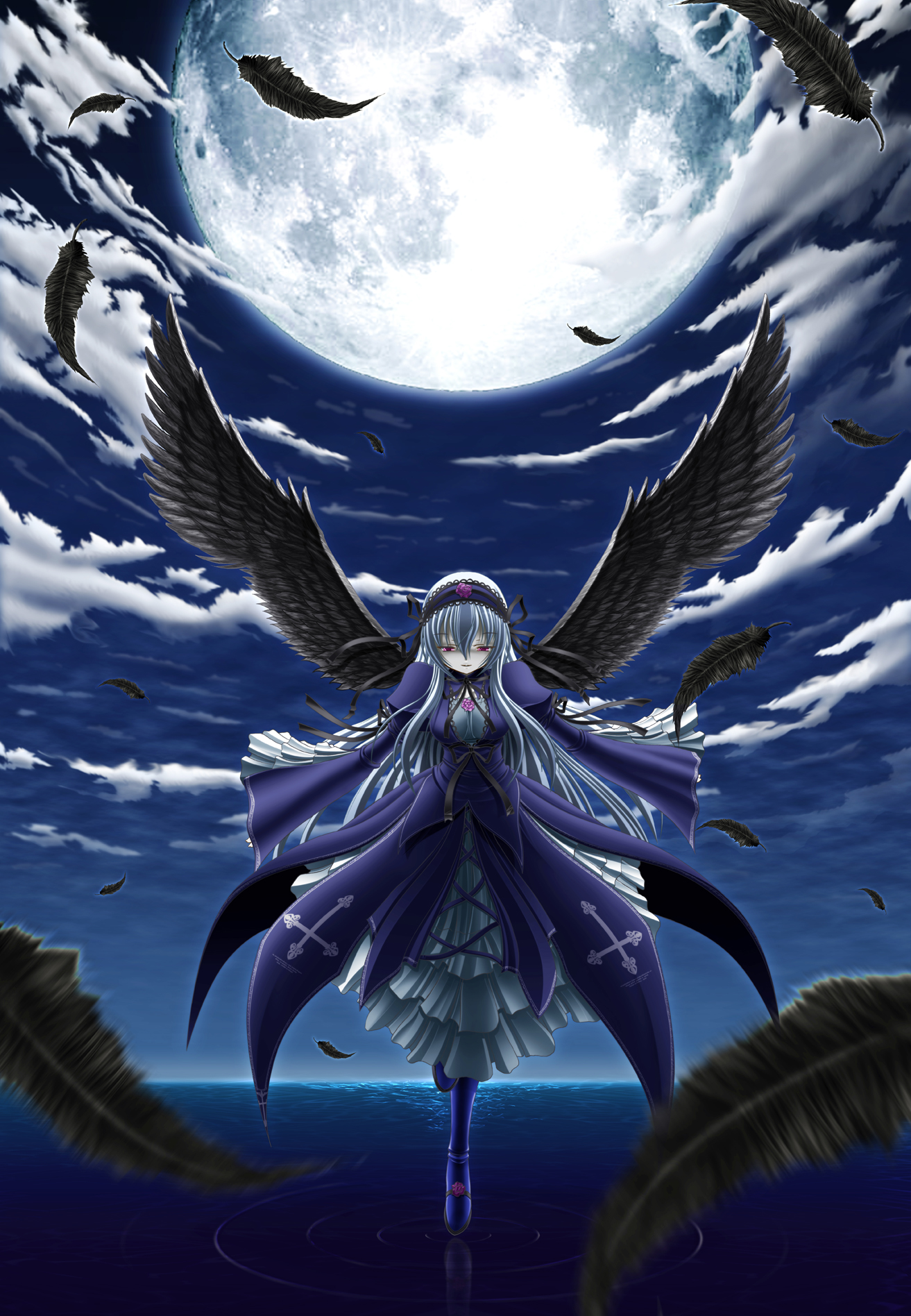 ebisu (amagi seitetsujo), ebisu (artist), suigintou, rozen maiden, silver hair, highres, 00s, 1girl, angel wings, black wings, dress, feathers, female focus, frills, long hair, moon, night, pink eyes, sky, solo, water, wings
