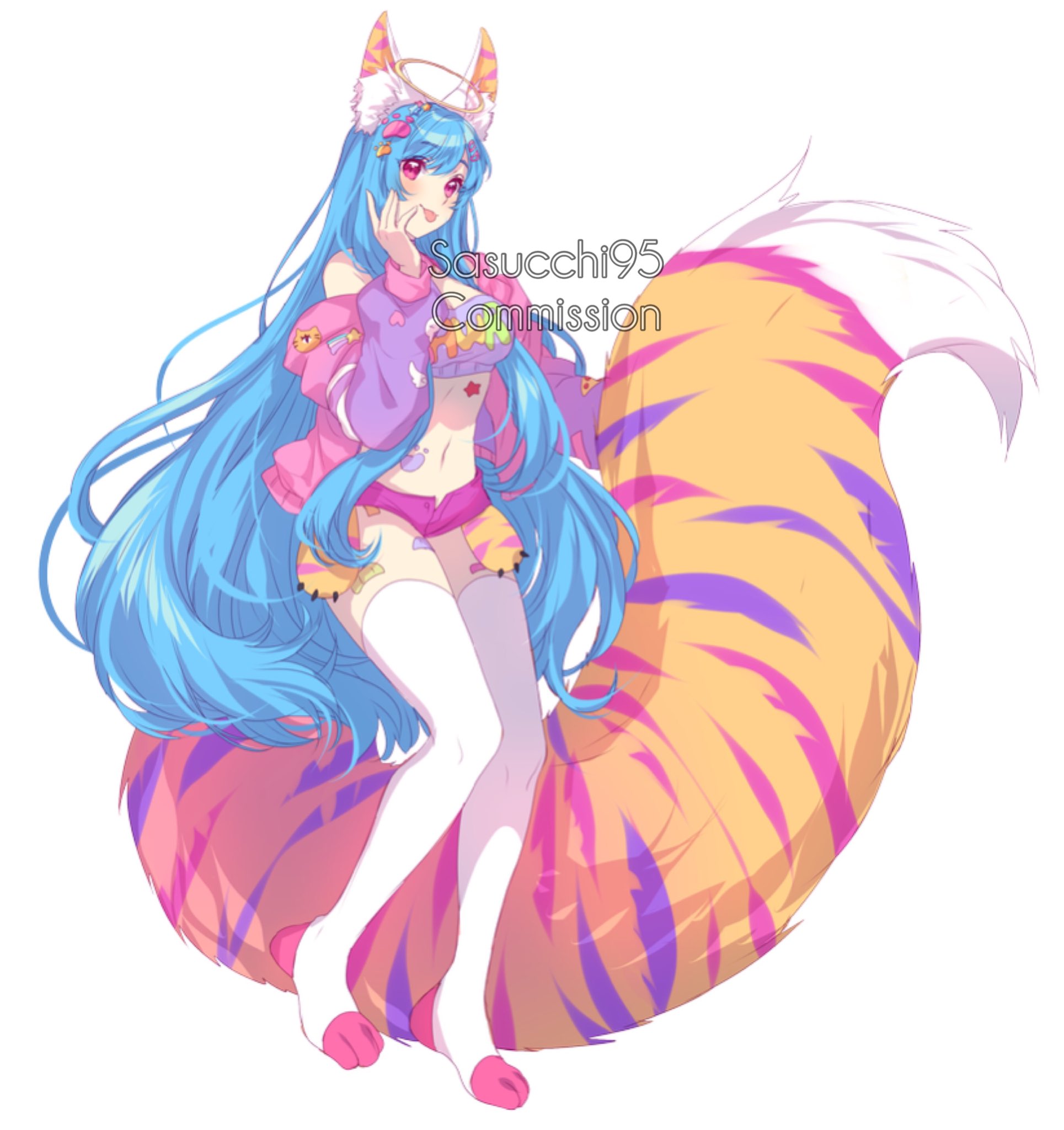 sasucchi95, original, commentary, commission, english commentary, highres, 1girl, :3, ||/, animal ear fluff, animal ears, artist name, bandaid on thigh, blue hair, bra, breasts, closed mouth, full body, hair between eyes, halo, hand on own cheek, hand on own face, hand up, jacket, jacket partially removed, knees together feet apart, long hair, long sleeves, looking at viewer, medium breasts, micro shorts, navel, open clothes, open jacket, orange tail, paw hair ornament, paw print, paw tattoo, pink eyes, pink jacket, pink shorts, puffy long sleeves, puffy sleeves, purple bra, shorts, simple background, single bare shoulder, solo, standing, star (symbol), star tattoo, stomach, stomach tattoo, swept bangs, tail, tattoo, thighhighs, tiger ears, tiger girl, tiger tail, toes, tongue, tongue out, underwear, very long hair, watermark, white background, white thighhighs, yellow halo