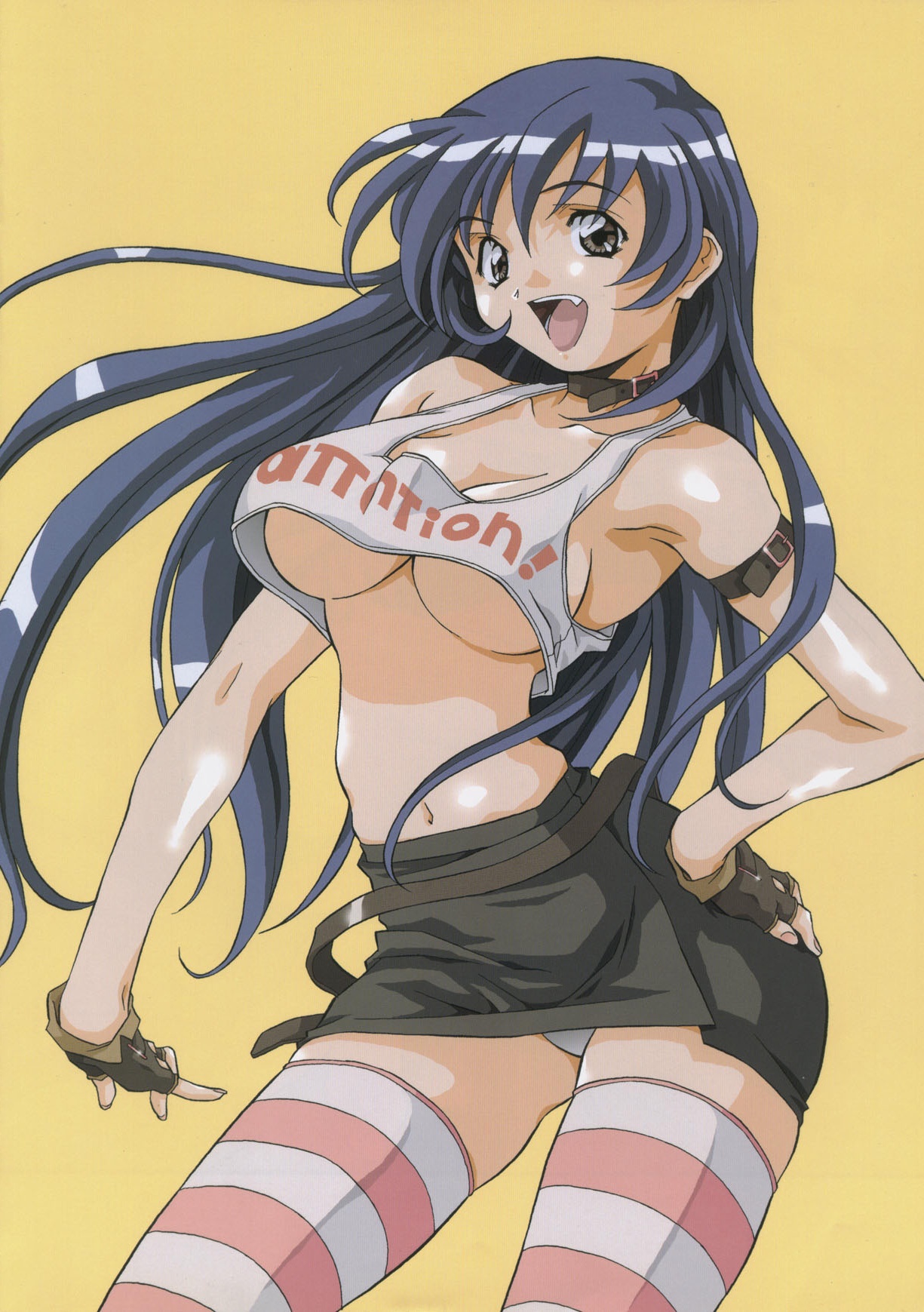 amano yo-ki, highres, 1girl, armband, armpits, ass, bare shoulders, belt, blue hair, breasts, brown eyes, choker, cleavage, clothes writing, collar, crop top, fang, female focus, fingernails, grabbing own ass, grey eyes, large breasts, long fingernails, long hair, midriff, miniskirt, navel, no bra, open mouth, panties, pantyshot, pencil skirt, pink thighhighs, shiny skin, sideboob, simple background, skirt, solo, standing, strap, striped clothes, striped thighhighs, tank top, thighhighs, underboob, underwear, white panties, white thighhighs