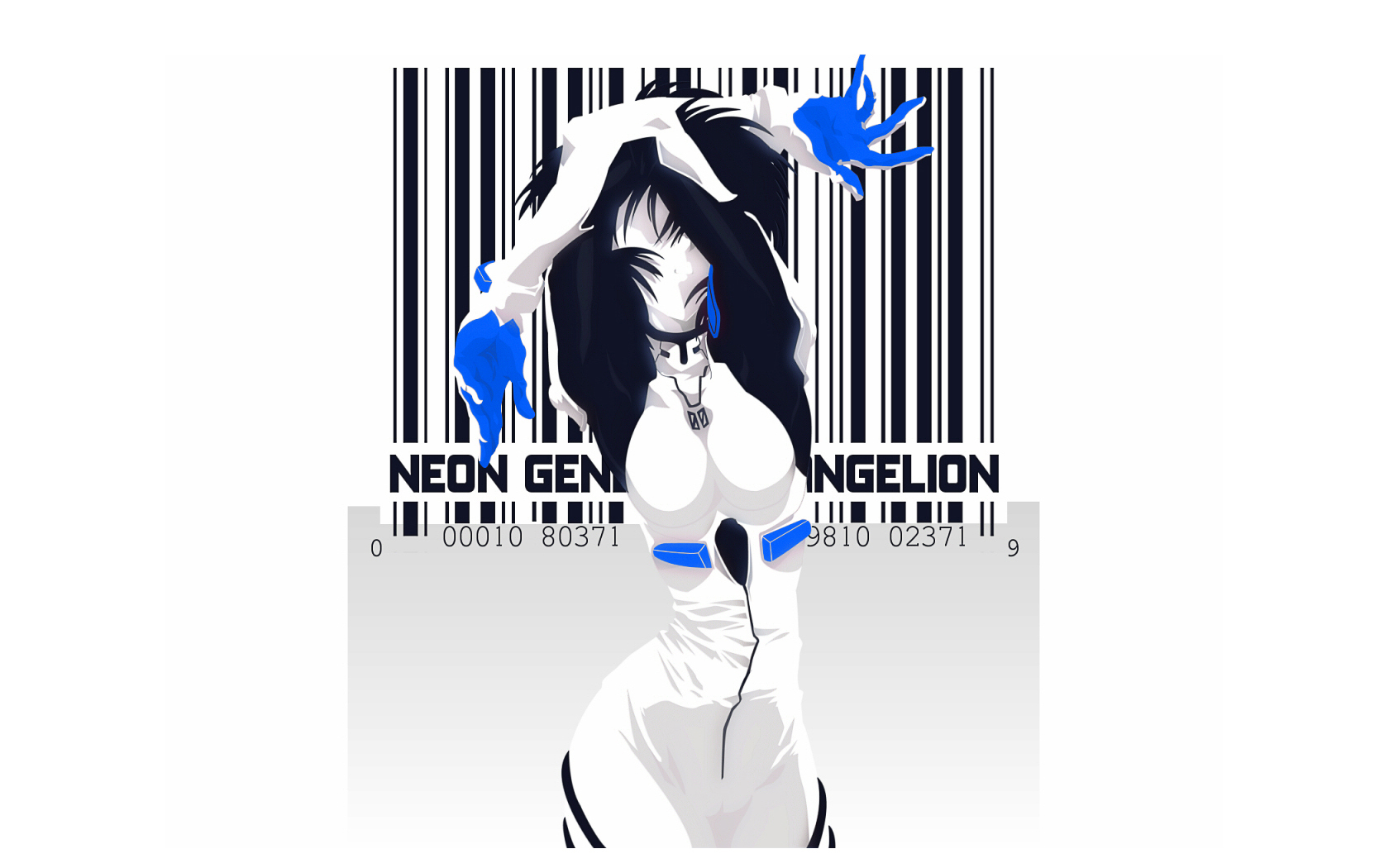 kawarajima kou, ayanami rei, neon genesis evangelion, highres, 1girl, arms up, barcode, female focus, mecha pilot suit, plugsuit (evangelion), solo, spot color