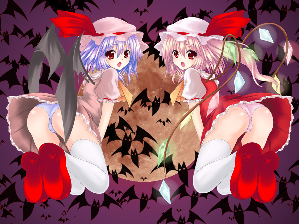 utakata (kochou no yume), flandre scarlet, remilia scarlet, touhou, bad id, bad pixiv id, 2girls, ass, bat (animal), dress, female focus, full body, gradient background, hat, moon, multiple girls, outdoors, panties, siblings, sisters, skirt, sky, thighhighs, underwear