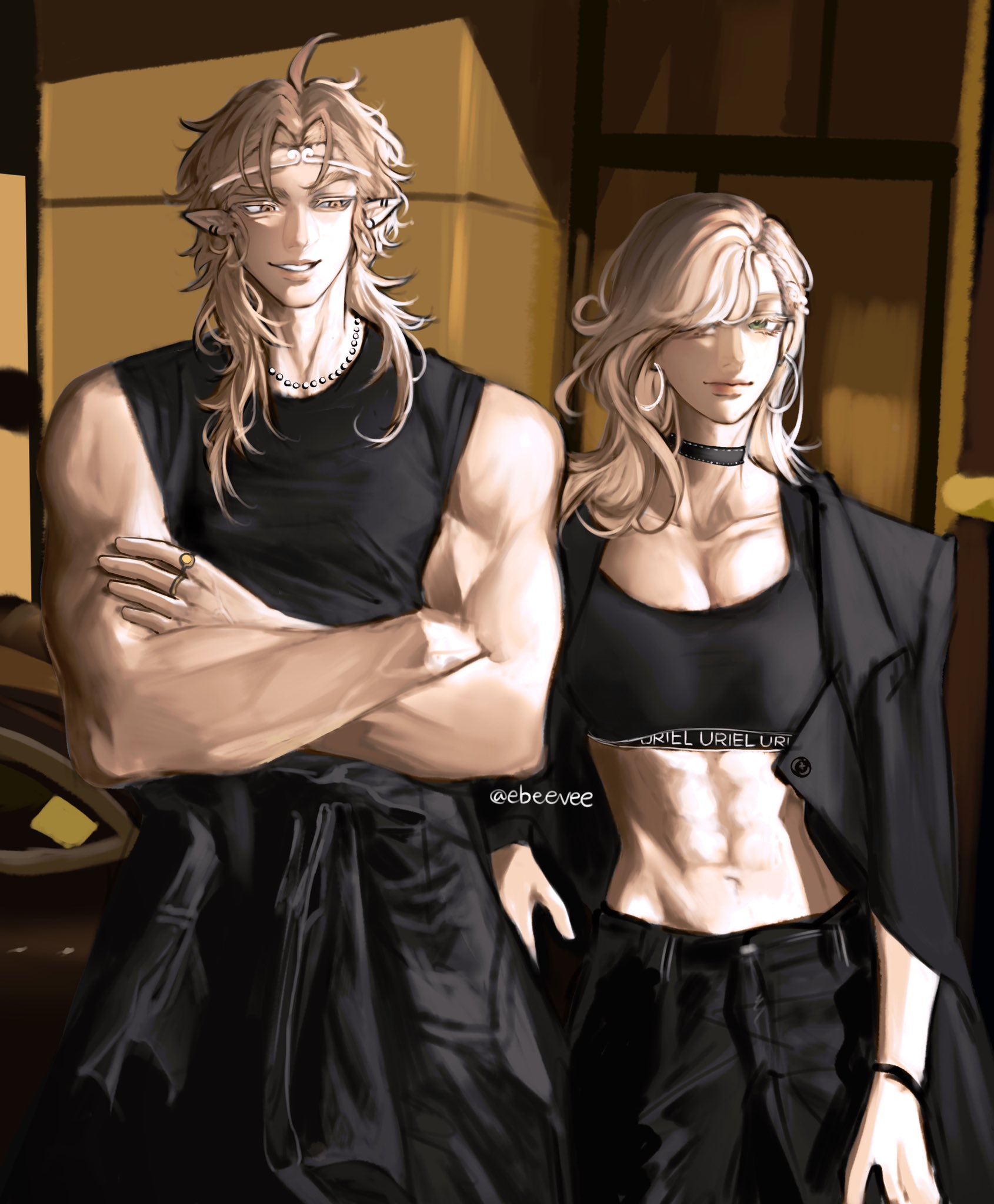 evie (baoxiao), sun wukong (omniscient reader's viewpoint), uriel (omniscient reader's viewpoint), omniscient reader's viewpoint, highres, 1boy, 1girl, abs, ahoge, alternate costume, black coat, black tank top, blonde hair, blue eyes, breasts, cleavage, clothes around waist, coat, collar, crossed arms, curtained hair, hair over one eye, hair over shoulder, hand on own hip, hetero, jacket, jacket around waist, jewelry, lipstick, long hair, looking at another, looking at viewer, makeup, matching outfits, muscular, muscular male, necklace, open clothes, open coat, pearl necklace, pointy ears, smirk, sports bra, standing, stomach, tank top, toned, toned male, yellow eyes