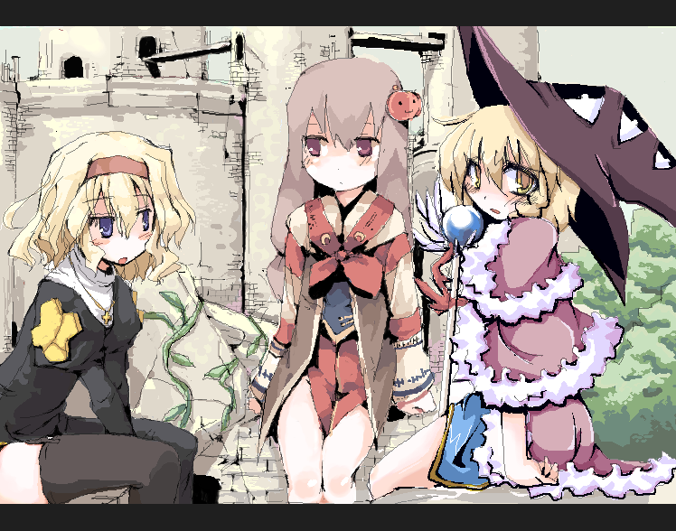 mochiki, alice margatroid, hakurei reimu, high wizard (ragnarok online), kirisame marisa, patchouli knowledge, priest (ragnarok online), soul linker (ragnarok online), ragnarok online, touhou, 3girls, blonde hair, castle, cosplay, crossover, letterboxed, multiple girls, oekaki, priest, priest (ragnarok online) (cosplay), thighhighs