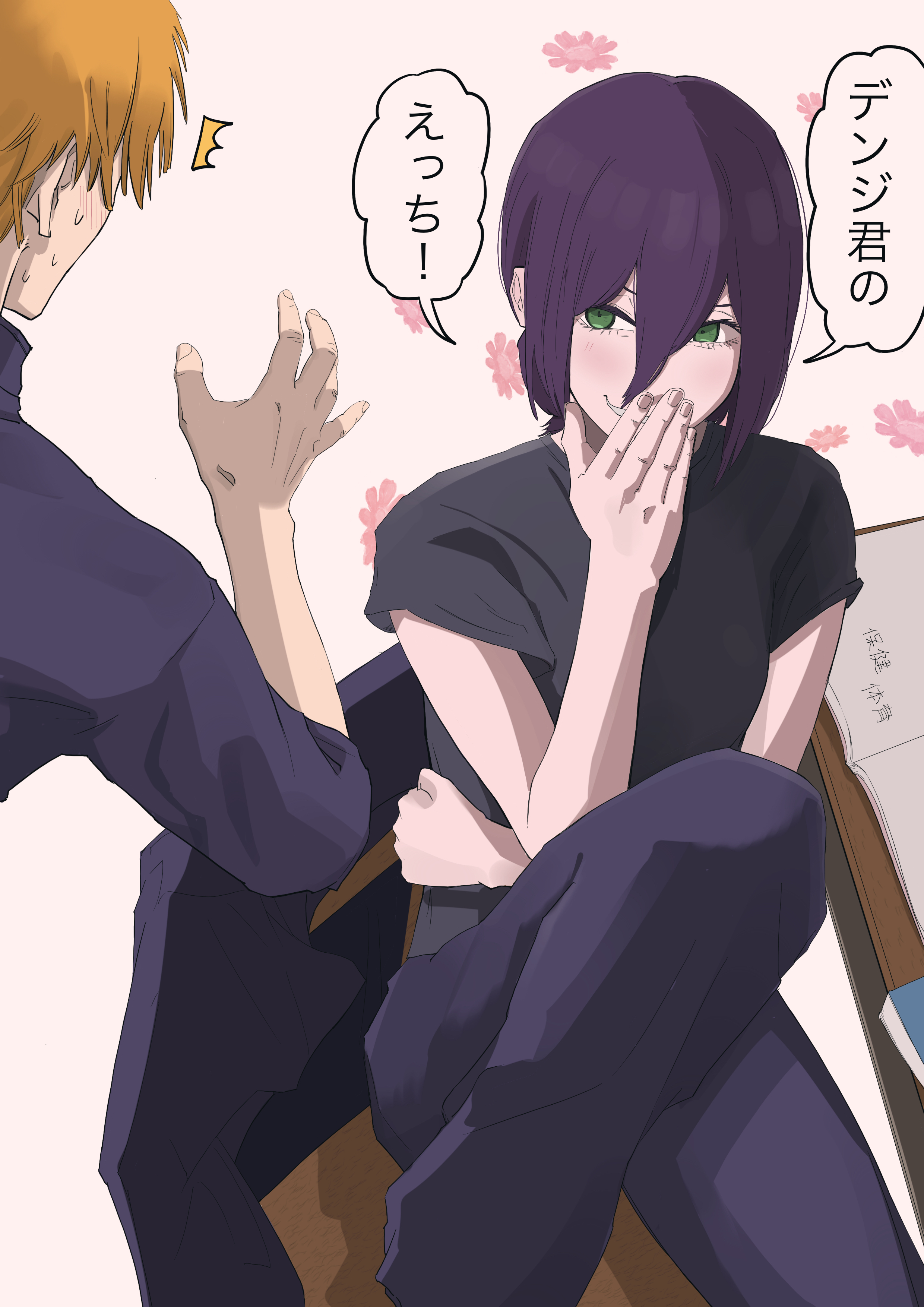 katamotokizami, denji (chainsaw man), reze (chainsaw man), chainsaw man, absurdres, highres, translation request, 1boy, 1girl, black pants, black shirt, chair, green eyes, hair between eyes, hand up, notebook, on chair, orange hair, pants, purple hair, shirt, short hair, sitting, speech bubble, sweat, table