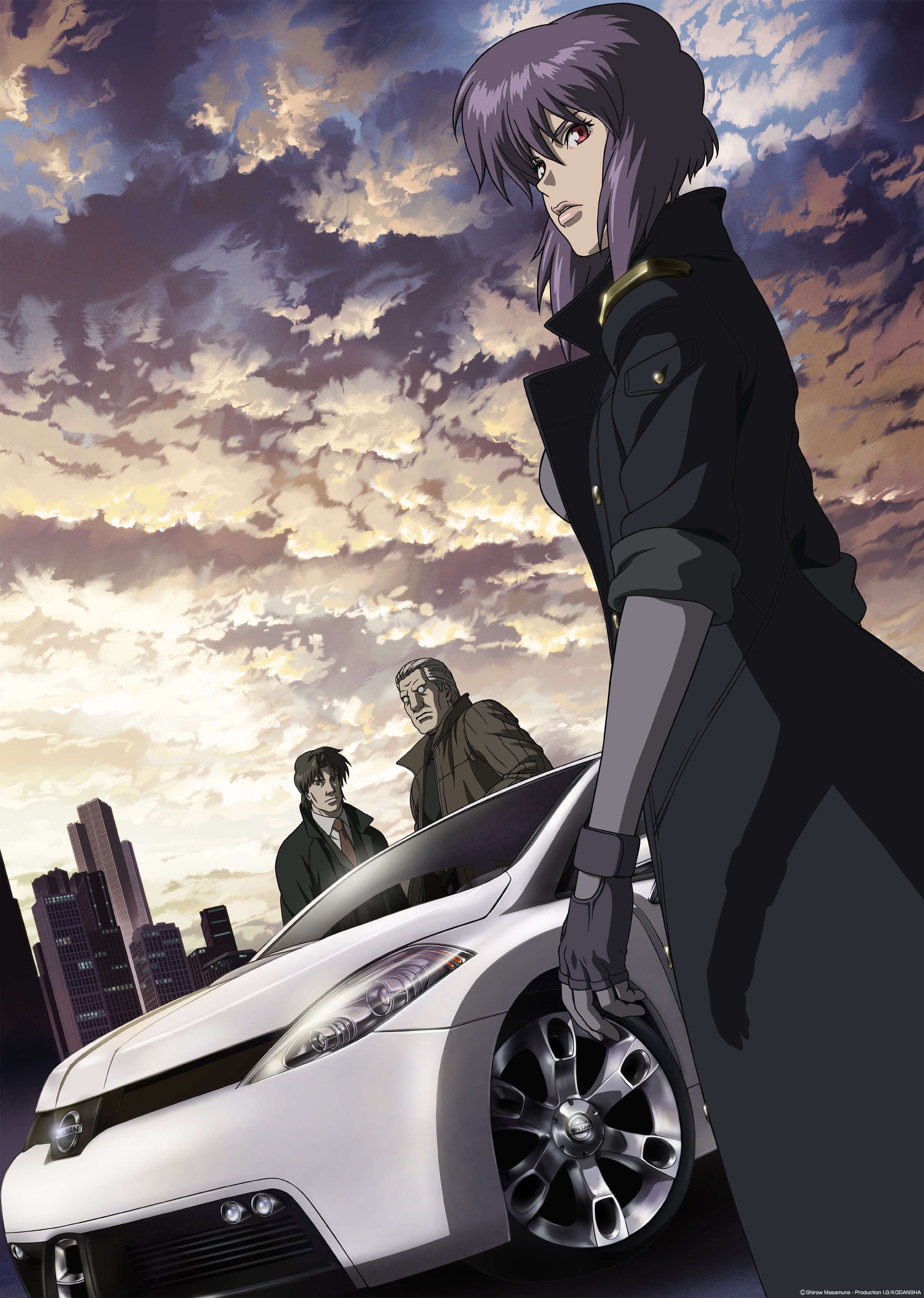 batou (gits), kusanagi motoko, togusa (gits), ghost in the shell, ghost in the shell: stand alone complex, nissan, absurdres, highres, official art, 00s, 1girl, 2boys, car, city, cloud, coat, gloves, motor vehicle, multiple boys, purple hair, red eyes, short hair, sky, standing, sunset, trench coat