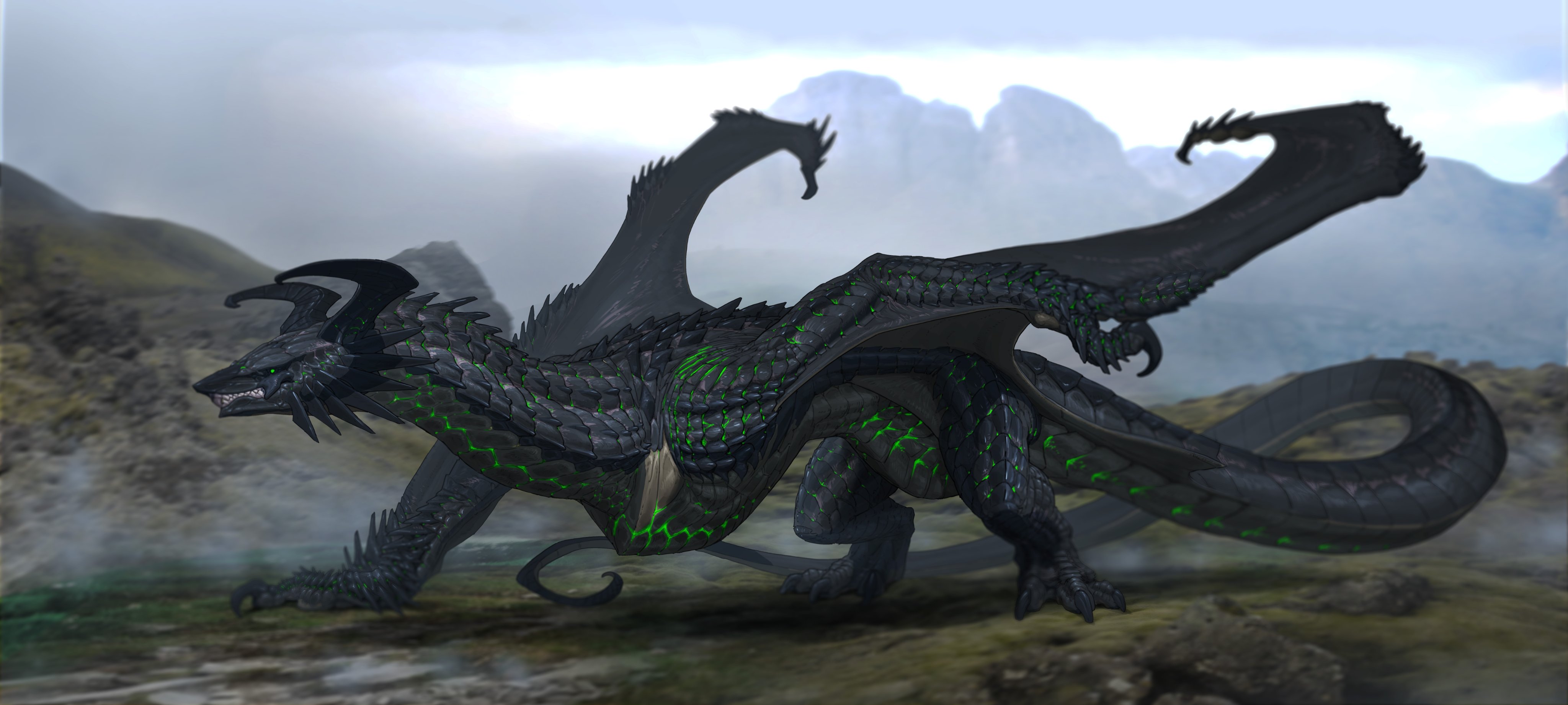 corey rivera, original, absurdres, highres, claws, day, dragon, full body, horns, monster, monster focus, mountainous horizon, no humans, outdoors, sharp teeth, solo, tail, teeth, western dragon, wings