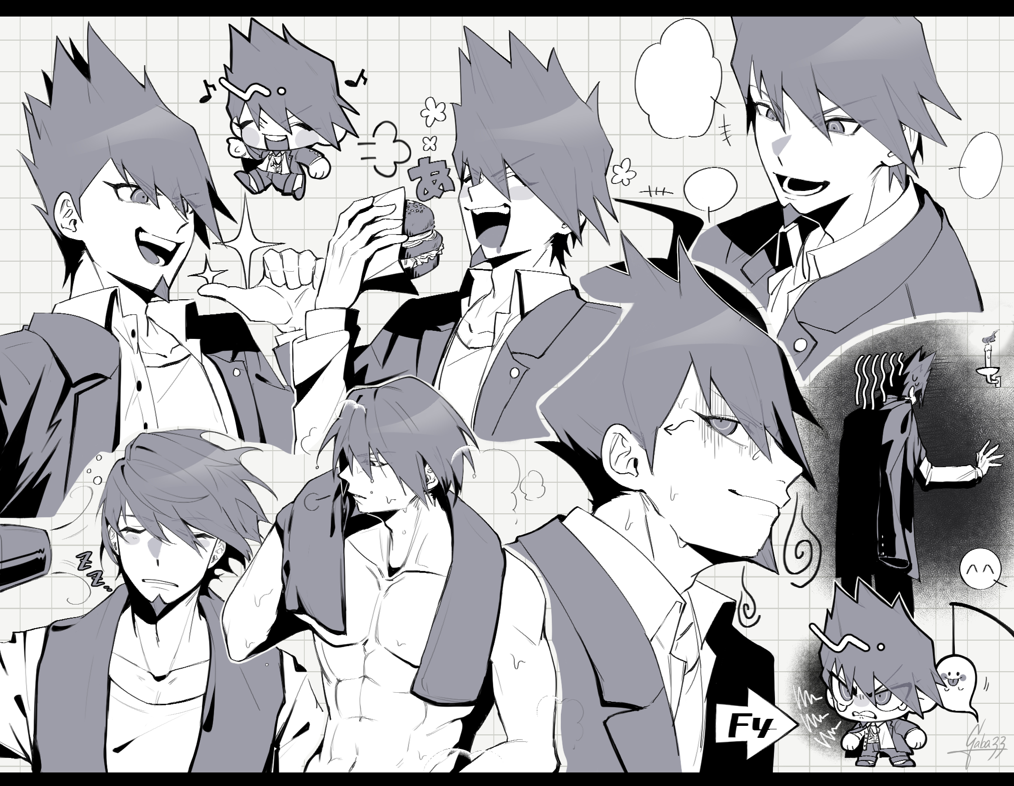 gaba33, momota kaito, danganronpa (series), danganronpa v3: killing harmony, commentary request, highres, 1boy, abs, black border, blank speech bubble, border, burger, buttons, candle, clenched teeth, coat, coat partially removed, collared coat, collared jacket, denim, eating, eyes visible through hair, facial hair, fire, food, food wrapper, from behind, furrowed brow, ghost, gloom (expression), goatee, greyscale, grid background, hair between eyes, happy, holding, holding food, jacket, jeans, lapel pin, lapels, layered sleeves, letterboxed, long sleeves, male focus, messy hair, monochrome, multiple views, notched lapels, open clothes, open coat, open jacket, open mouth, pants, pectorals, pointing, pointing at self, pointy nose, scared, shirt, short hair, signature, sleeping, slippers, smile, sparkle, speech bubble, spiked hair, steam, talking, tearing up, teeth, toned, toned male, topless male, towel, towel around neck, wet, white background