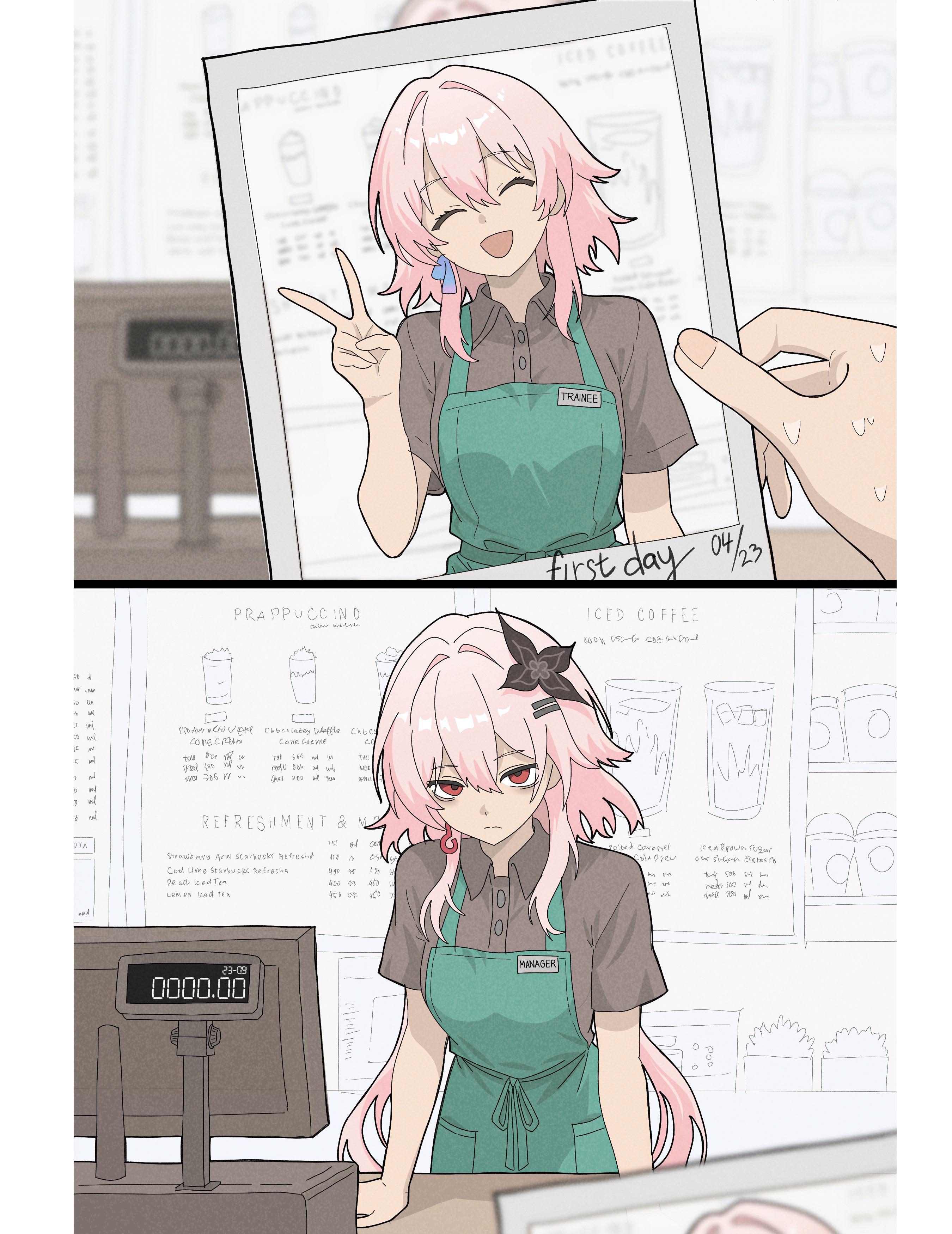 evernight (honkai: star rail), march 7th (honkai: star rail), honkai: star rail, honkai (series), absurdres, commentary, english commentary, highres, 1girl, black shirt, buttons, closed eyes, coffee, collared shirt, darnuks, earrings, english text, flower, hair flower, hair ornament, holding, holding photo, jewelry, looking at viewer, photo (object), pink hair, red eyes, shirt, short sleeves, single earring, smile, sweatdrop, v