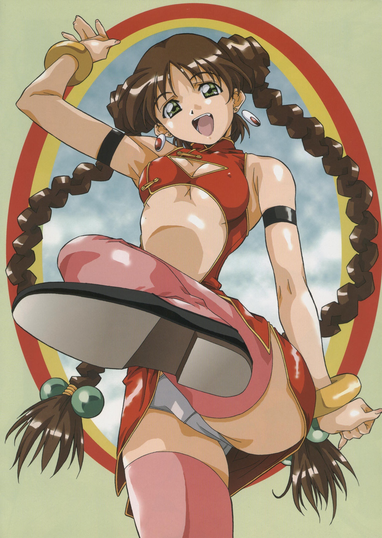 amano yo-ki, highres, 1girl, :d, armpits, arms up, bare shoulders, braid, breasts, brown hair, china dress, chinese clothes, cleavage, cleavage cutout, clothing cutout, covered erect nipples, dress, earrings, fang, feet, female focus, foot focus, foreshortening, from below, green eyes, jewelry, kicking, long hair, midriff, no bra, open mouth, panties, pantyshot, smile, solo, standing, standing on one leg, thighhighs, twin braids, underboob, underwear, upskirt, very long hair, white panties