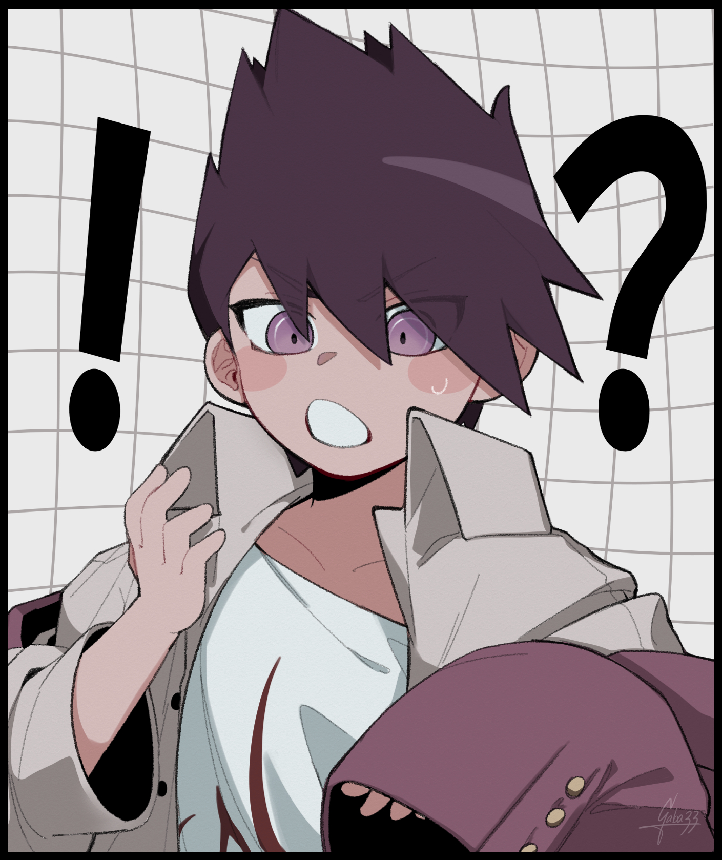 gaba33, momota kaito, danganronpa (series), danganronpa v3: killing harmony, commentary request, highres, !?, 1boy, black border, blush stickers, border, buttons, coat, coat partially removed, collarbone, collared jacket, eyes visible through hair, flame print, grey jacket, grid background, hair between eyes, jacket, long sleeves, looking ahead, male focus, open clothes, open jacket, open mouth, print shirt, purple coat, purple eyes, purple hair, shirt, short hair, signature, solo, spiked hair, surprised, sweatdrop, upper body, v-shaped eyebrows, white background, white shirt