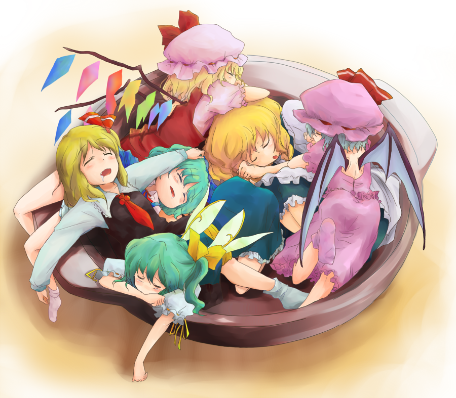 itsuki kuro, cirno, daiyousei, flandre scarlet, kirisame marisa, remilia scarlet, rumia, embodiment of scarlet devil, touhou, 6+girls, afloat, blonde hair, blush, bowl, closed eyes, crystal, dress, everyone, fairy, fairy wings, female focus, full body, green hair, hat, mob cap, multiple girls, open mouth, pink hair, puffy short sleeves, puffy sleeves, red dress, short hair, short sleeves, side ponytail, sleeping, water, wings