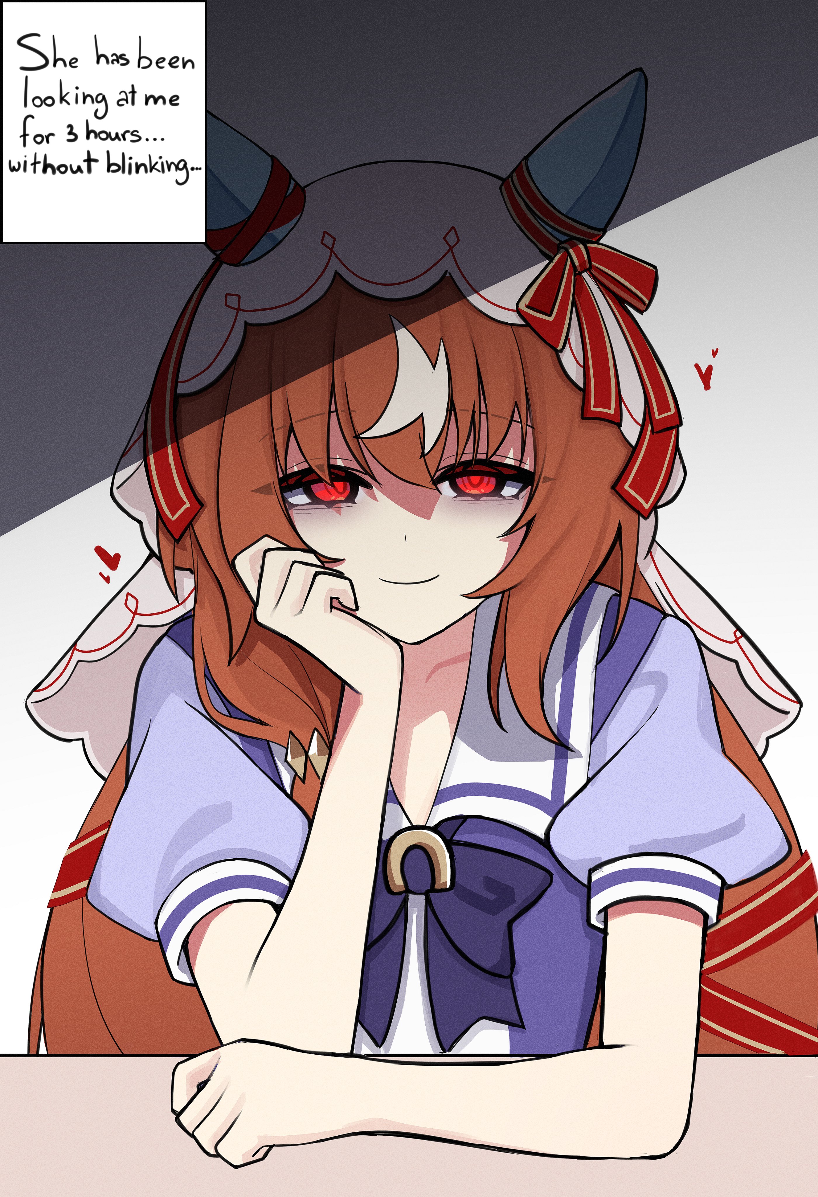 silenzuka, still in love (umamusume), umamusume, absurdres, highres, 1girl, bags under eyes, bow, bowtie, brown hair, ear covers, elbow rest, english text, head rest, horseshoe ornament, looking at viewer, puffy short sleeves, puffy sleeves, purple bow, purple bowtie, purple shirt, red eyes, sailor collar, school uniform, shirt, short sleeves, solo, tracen school uniform, veil, white sailor collar, white streaks, white veil