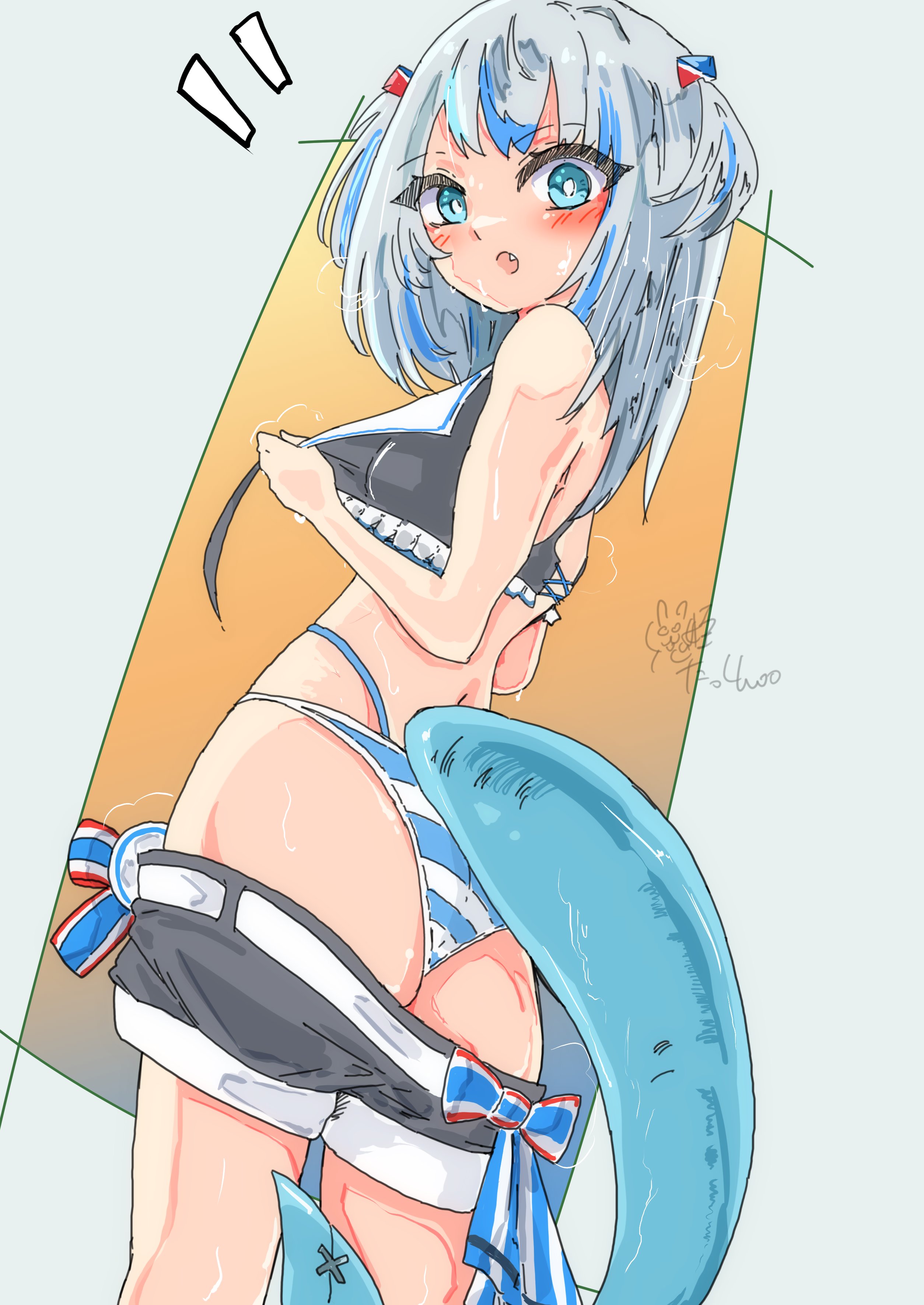 onihime takun, gawr gura, fitness boxing feat. hatsune miku: isshoni exercise, hololive, hololive english, absurdres, commentary request, highres, 1girl, ass, back, bikini, bikini tug, blue eyes, blush, exercising, fang, fins, fish tail, from behind, hair ornament, idol clothes, looking at viewer, looking back, multicolored hair, open mouth, shark girl, shark hair ornament, shark tail, short twintails, signature, simple background, solo, streaked hair, sweat, swimsuit, swimsuit under clothes, tail, twintails, virtual youtuber, white hair