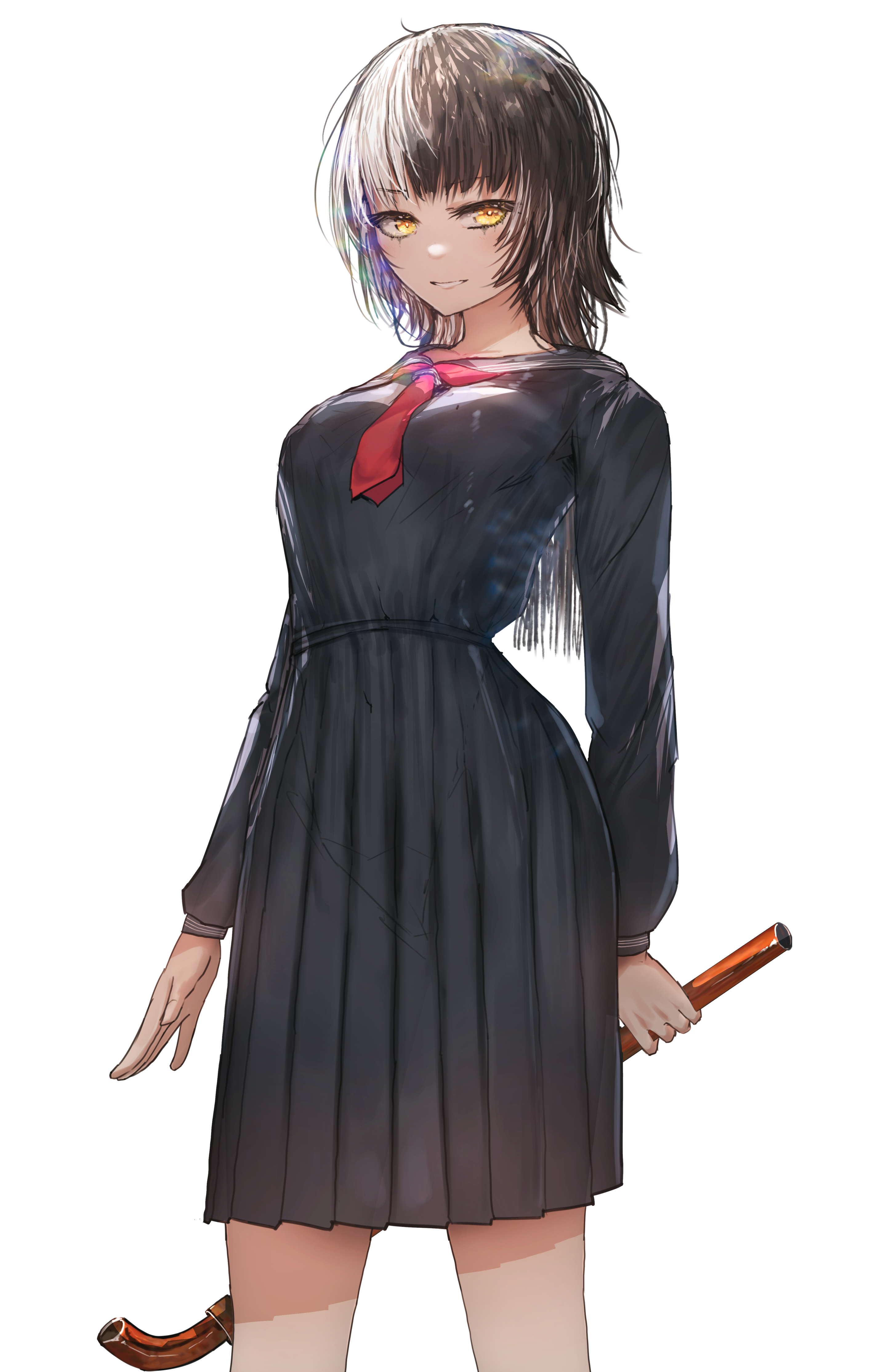 advarcher, shimizu hinako, shiori novella, hololive, hololive english, silent hill (series), silent hill f, absurdres, highres, 1girl, black hair, black serafuku, black skirt, closed mouth, cosplay, grey hair, holding, holding lead pipe, lead pipe, multicolored hair, necktie, pleated skirt, red necktie, school uniform, serafuku, shimizu hinako (cosplay), simple background, skirt, solo, split-color hair, two-tone hair, virtual youtuber, white background, yellow eyes