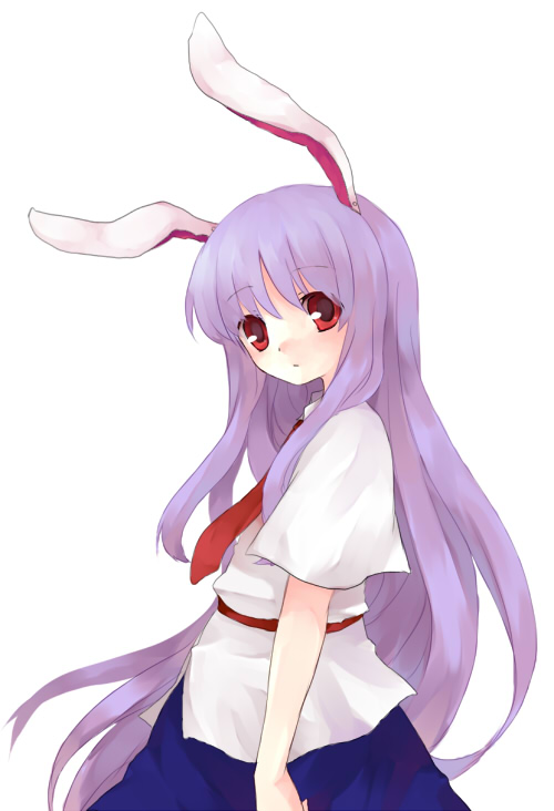 sakaki chihiro, reisen udongein inaba, scarlet weather rhapsody, touhou, eyebrows, 1girl, animal ears, belt, collared shirt, female focus, from side, long hair, necktie, purple hair, rabbit ears, red eyes, red necktie, shirt, short sleeves, simple background, skirt, solo, white background, white shirt