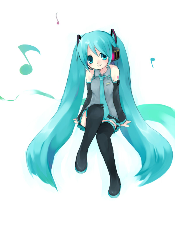sakaki chihiro, hatsune miku, vocaloid, aqua eyes, aqua hair, black boots, boots, detached sleeves, long hair, solo, thighhighs, twintails, very long hair