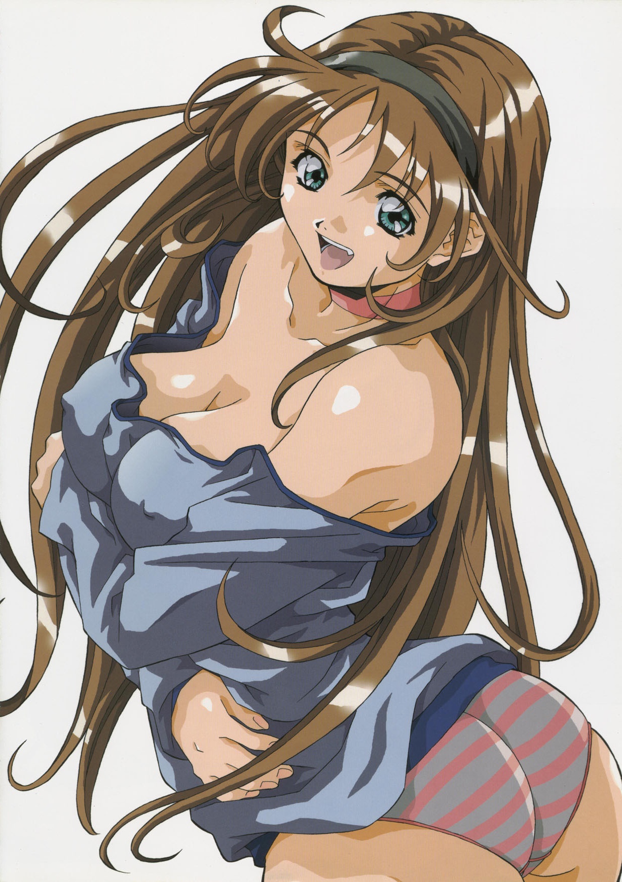 amano yo-ki, highres, ass, bare shoulders, breast rest, breasts, brown hair, choker, cleavage, covered erect nipples, fang, green eyes, hairband, large breasts, long hair, no bra, panties, smile, solo, standing, striped clothes, striped panties, underwear