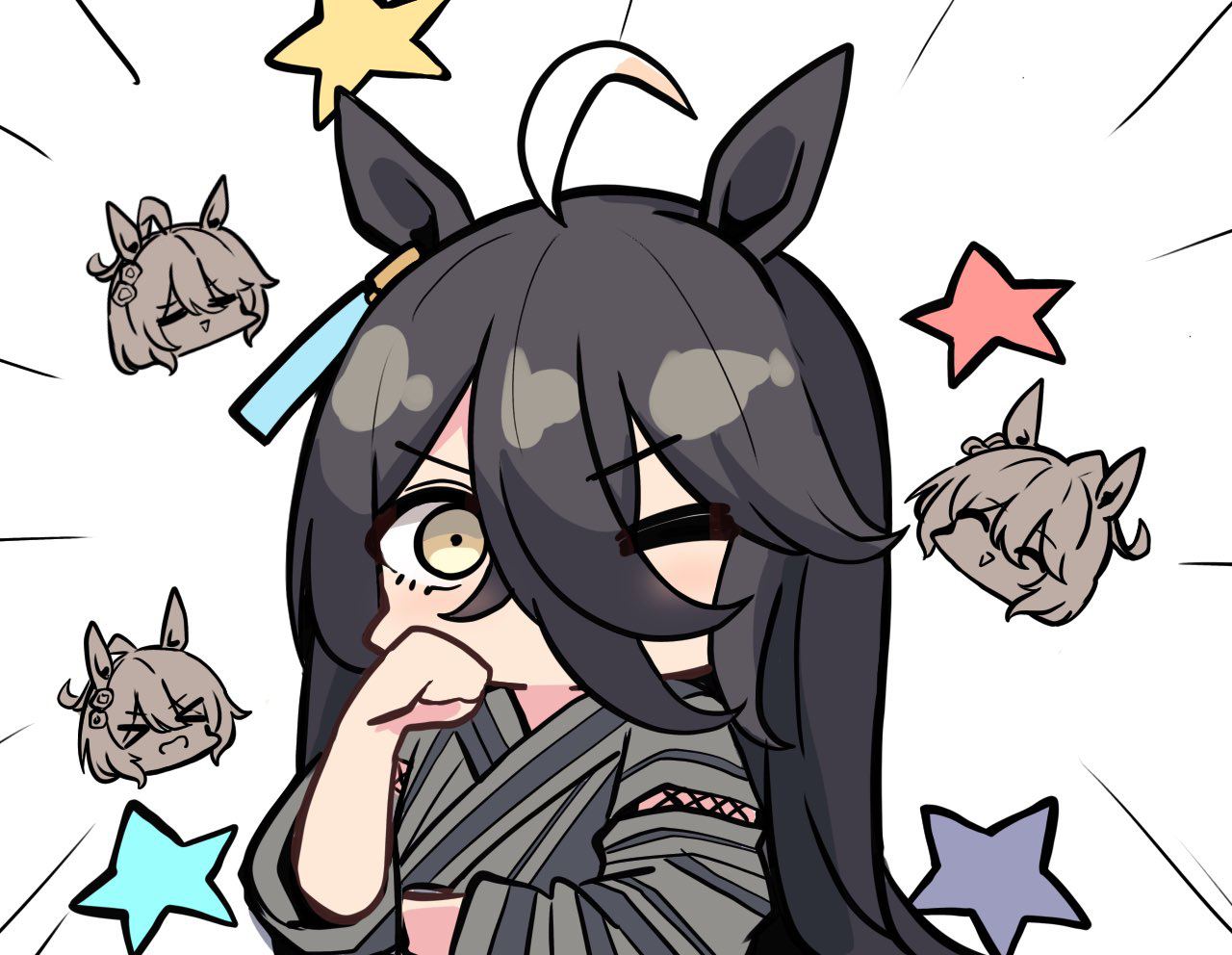 kawamochi (tddm3573), agnes tachyon (umamusume), manhattan cafe (umamusume), umamusume, > <, 2girls, :>, ^ ^, ahoge, animal ears, black hair, brown eyes, chibi, chibi inset, closed eyes, emphasis lines, grey kimono, hair between eyes, horse ears, japanese clothes, kimono, looking at viewer, multicolored hair, multiple girls, one eye closed, parted lips, star (symbol), tracen ondo (song), tracen ondo outfit (umamusume), triangle mouth, two-tone hair, v-shaped eyebrows, white hair
