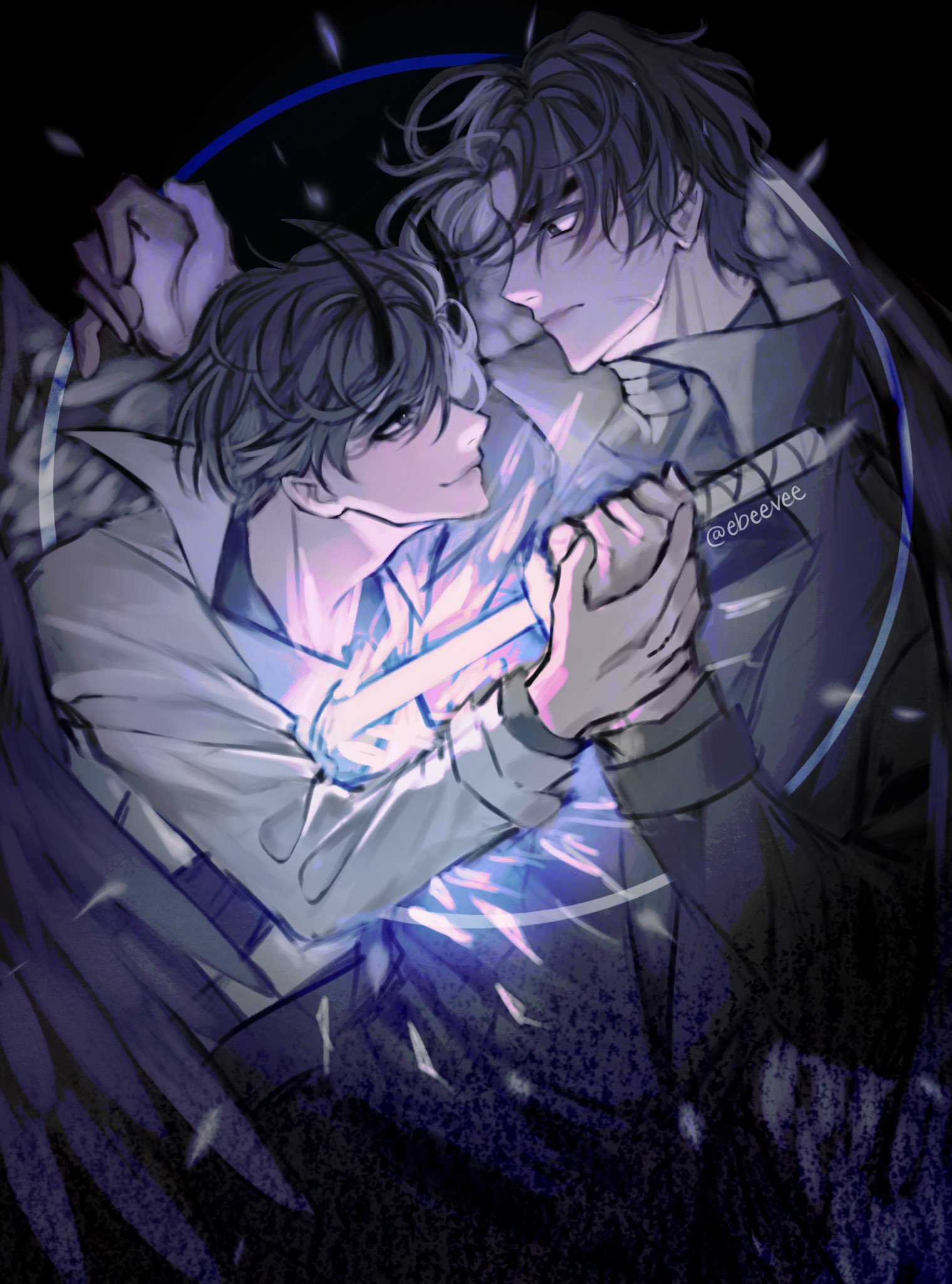 evie (baoxiao), kim dokja, yoo joonghyuk, omniscient reader's viewpoint, highres, 2boys, black coat, black hair, black shirt, black wings, clenched hand, coat, curtained hair, demon horns, feathered wings, glowing, halo, hand up, holding, holding hands, holding sword, holding weapon, horns, imminent murder, impaled, looking at another, male focus, multiple boys, open clothes, open coat, popped collar, scar, scar on face, serious, shirt, short hair, smile, sword, upper body, weapon, white coat, wings