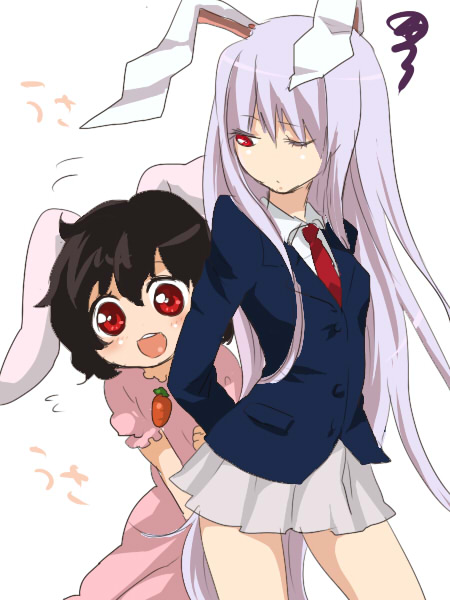 machiko (beard), inaba tewi, reisen udongein inaba, touhou, 2girls, :d, animal ears, black hair, female focus, long hair, multiple girls, open mouth, purple hair, rabbit ears, red eyes, short hair, smile, standing, very long hair, white background, wink