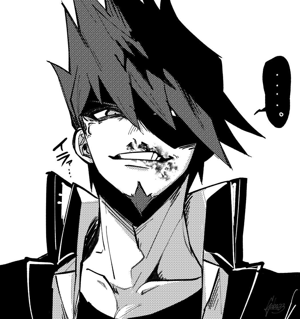 gaba33, momota kaito, danganronpa (series), danganronpa v3: killing harmony, commentary request, …, 1boy, blood, blood on face, collarbone, collared jacket, collared shirt, facial hair, goatee, greyscale, grin, high collar, jacket, male focus, monochrome, official alternate costume, open clothes, open jacket, open shirt, pectoral cleavage, pectorals, school uniform, shaded face, shirt, short hair, simple background, smile, solo, speech bubble, spiked hair, spoken ellipsis, upper body, veins, white background