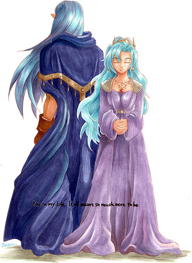 magus (chrono trigger), schala zeal, chrono (series), chrono trigger, 1990s (style), 1boy, 1girl, aqua hair, blue hair, breasts, brother and sister, cape, closed eyes, dress, gloves, jewelry, long hair, necklace, pointy ears, robe, siblings, tiara