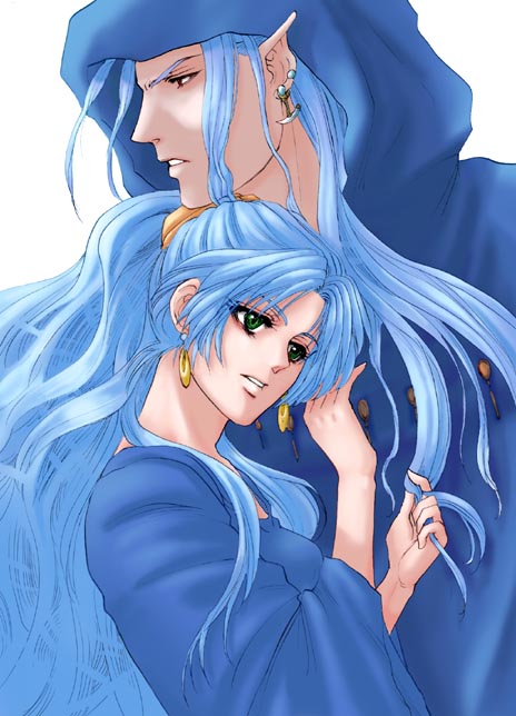 synn, magus (chrono trigger), schala zeal, chrono (series), chrono trigger, 1990s (style), 1boy, 1girl, blue hair, brother and sister, earrings, green eyes, jewelry, long hair, pointy ears, ponytail, siblings