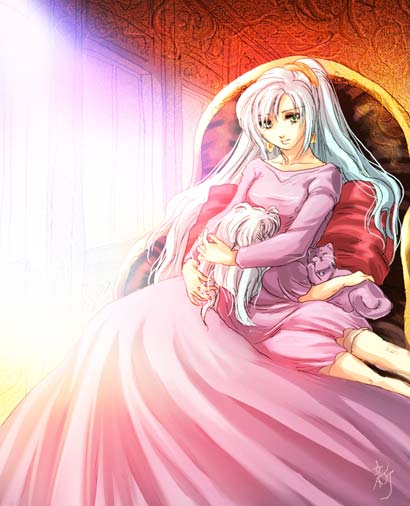 alfador, janus zeal, schala zeal, chrono (series), chrono trigger, artist request, 1990s (style), 1boy, 1girl, animal, animal ears, blue hair, breasts, brother and sister, cat, cat ears, chair, closed mouth, collarbone, dress, earrings, eyebrows hidden by hair, facing another, facing viewer, hair tie, high ponytail, hug, indoors, jewelry, light rays, long hair, long sleeves, looking down, lying, lying on lap, lying on person, medium breasts, on lap, on person, on stomach, ponytail, retro artstyle, sad, siblings, sitting, sunbeam, sunlight, tail, whiskers, window
