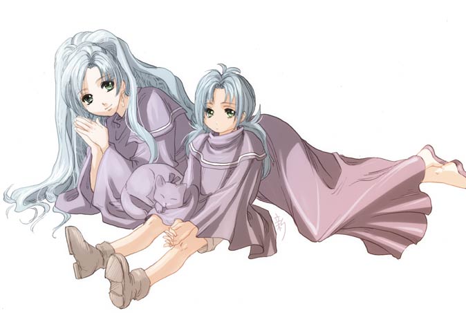 alfador, janus zeal, schala zeal, chrono (series), chrono trigger, silver hair, 1990s (style), 1boy, 1girl, boots, brother and sister, cat, dress, green eyes, long hair, lying, own hands clasped, own hands together, ponytail, shorts, siblings, sitting, smile