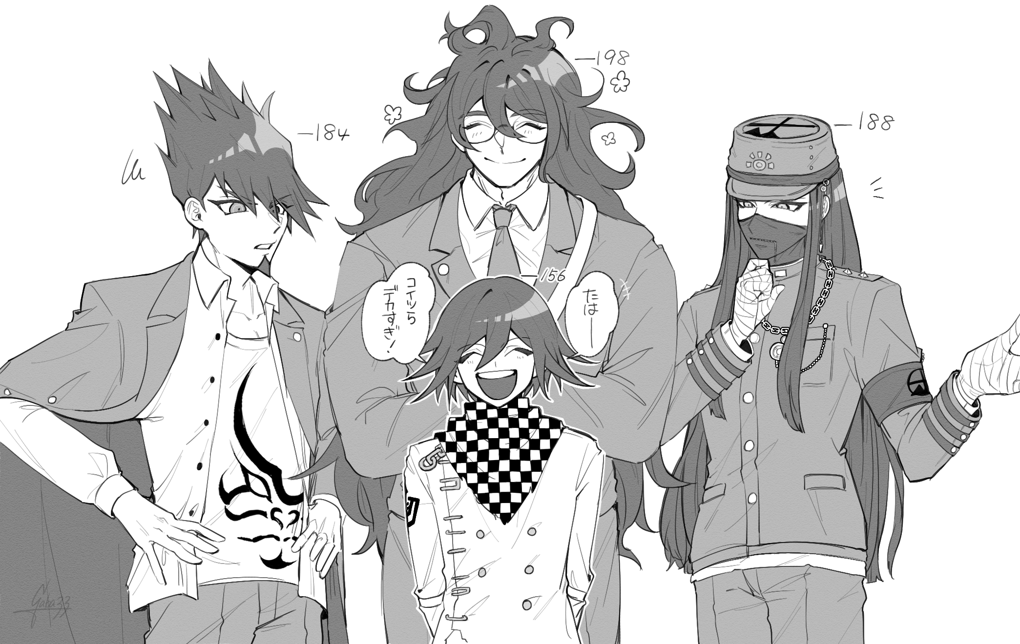 gaba33, gokuhara gonta, momota kaito, oma kokichi, shinguji korekiyo, danganronpa (series), danganronpa v3: killing harmony, commentary request, highres, translation request, 4boys, ^ ^, annoyed, arm belt, armband, arms behind back, bag, blazer, breast pocket, business suit, buttons, chain, chain necklace, checkered clothes, checkered scarf, clenched teeth, closed eyes, closed mouth, coat partially removed, collarbone, collared coat, collared jacket, collared shirt, covered mouth, cowboy shot, crest, crossed arms, curious, denim, double-breasted, dress pants, eyes visible through hair, flame print, flower, formal clothes, gakuran, glasses, greyscale, hair between eyes, hand on own chin, hands on own hips, happy, hat, height, height difference, high collar, jacket, jeans, jewelry, lapel pin, lapels, layered sleeves, long hair, long sidelocks, looking at another, male focus, mask, messy hair, monochrome, mouth mask, multiple boys, necklace, necktie, notched lapels, notice lines, open clothes, open jacket, open mouth, outstretched hand, pants, peaked cap, pectoral cleavage, pectorals, pocket, pocket watch, print shirt, round eyewear, scarf, school uniform, shirt, short hair, shoulder bag, shoulder spikes, sidelocks, simple background, smile, speech bubble, spiked hair, spikes, squiggle, straight hair, suit, teeth, torn clothes, torn jacket, undershirt, unmoving pattern, upper teeth only, v-shaped eyebrows, very long hair, watch, white background, zipper, zipper pull tab