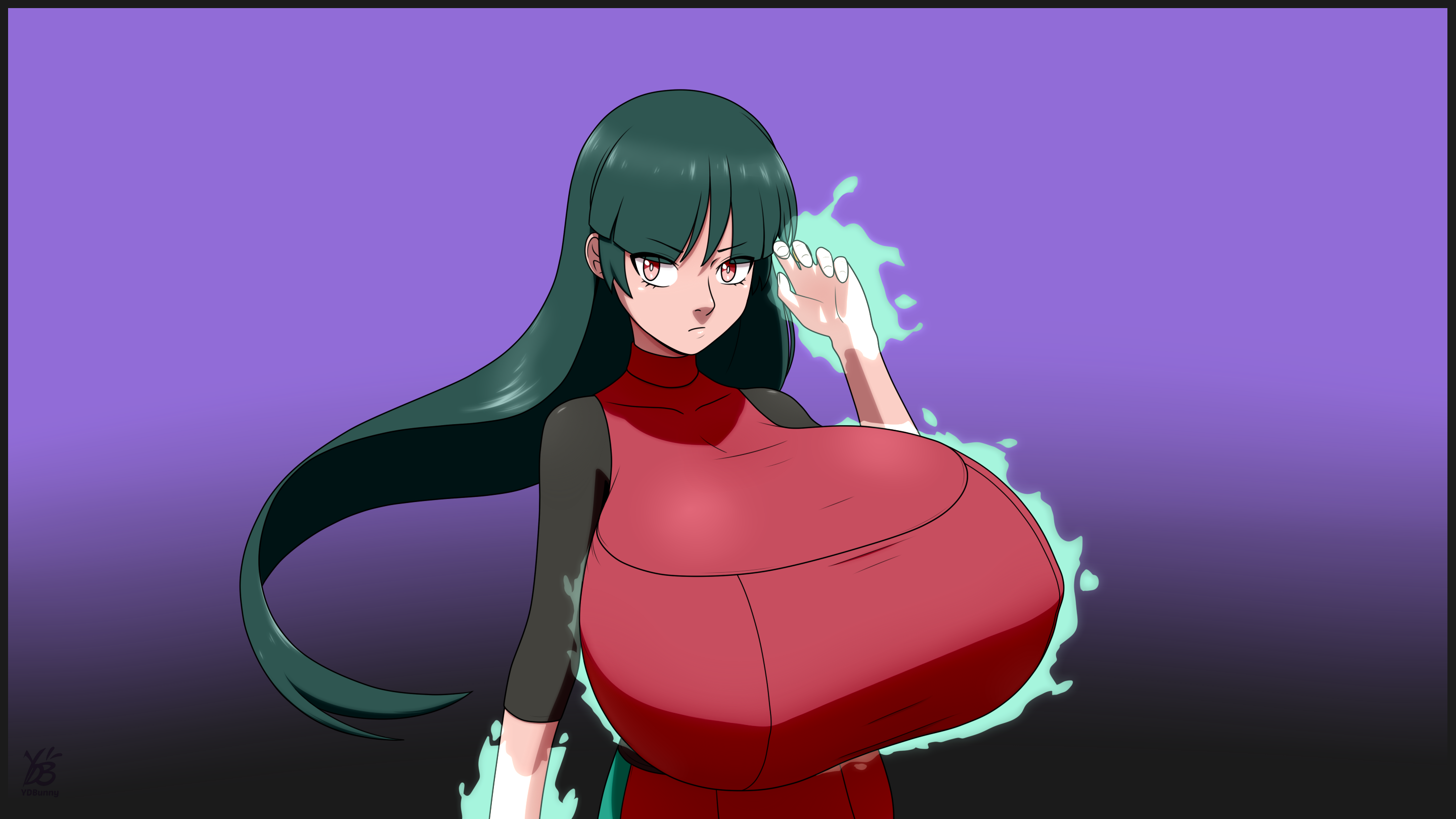 ydbunny, sabrina (pokemon), nintendo, pokemon, absurdres, highres, 1girl, breasts, covered erect nipples, female focus, gigantic breasts, green hair, long hair, looking at viewer, pink eyes, simple background, solo, upper body