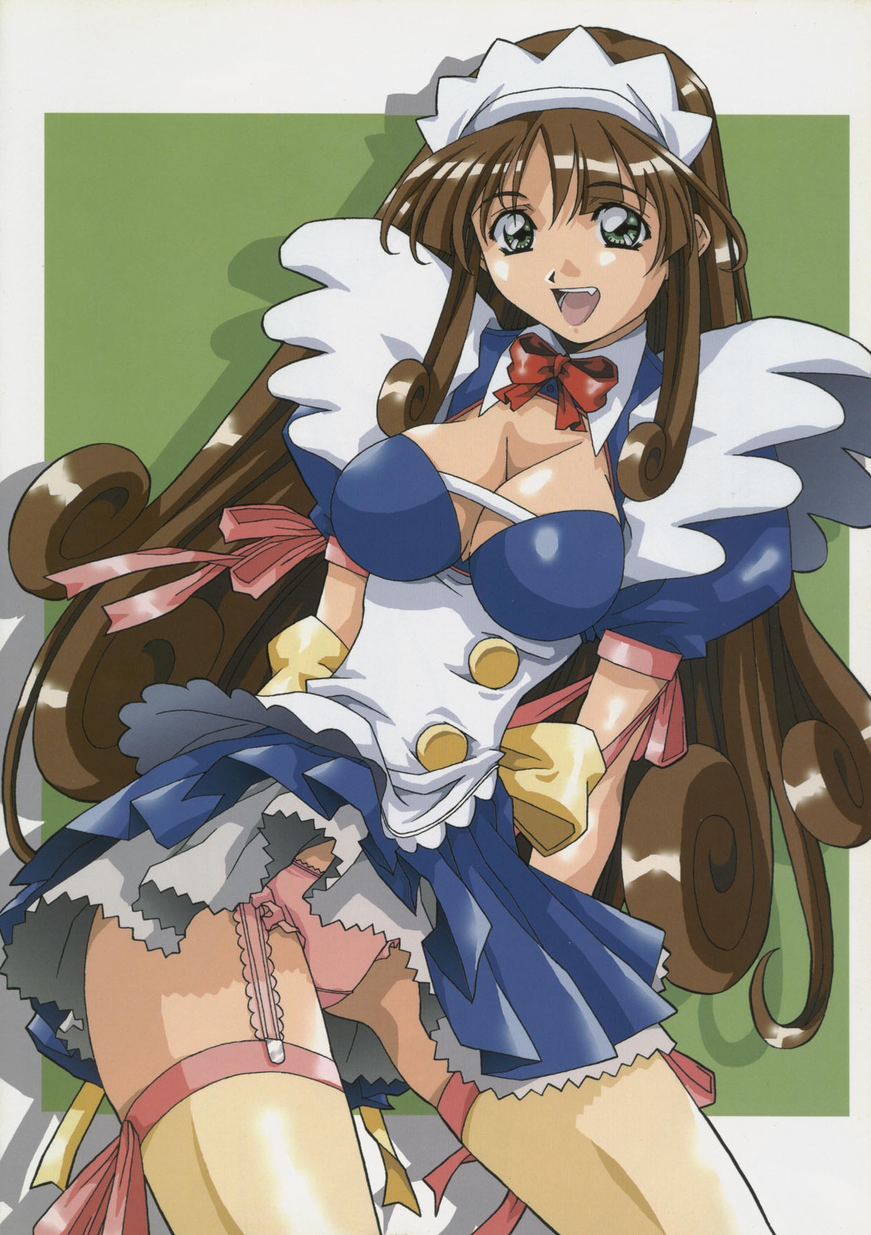 amano yo-ki, highres, 1girl, breasts, brown hair, cleavage, fang, female focus, garter straps, green eyes, hair ornament, large breasts, long hair, maid, maid headdress, open mouth, panties, pantyshot, pink panties, ribbon, solo, standing, thighhighs, underwear, very long hair, wind, wind lift