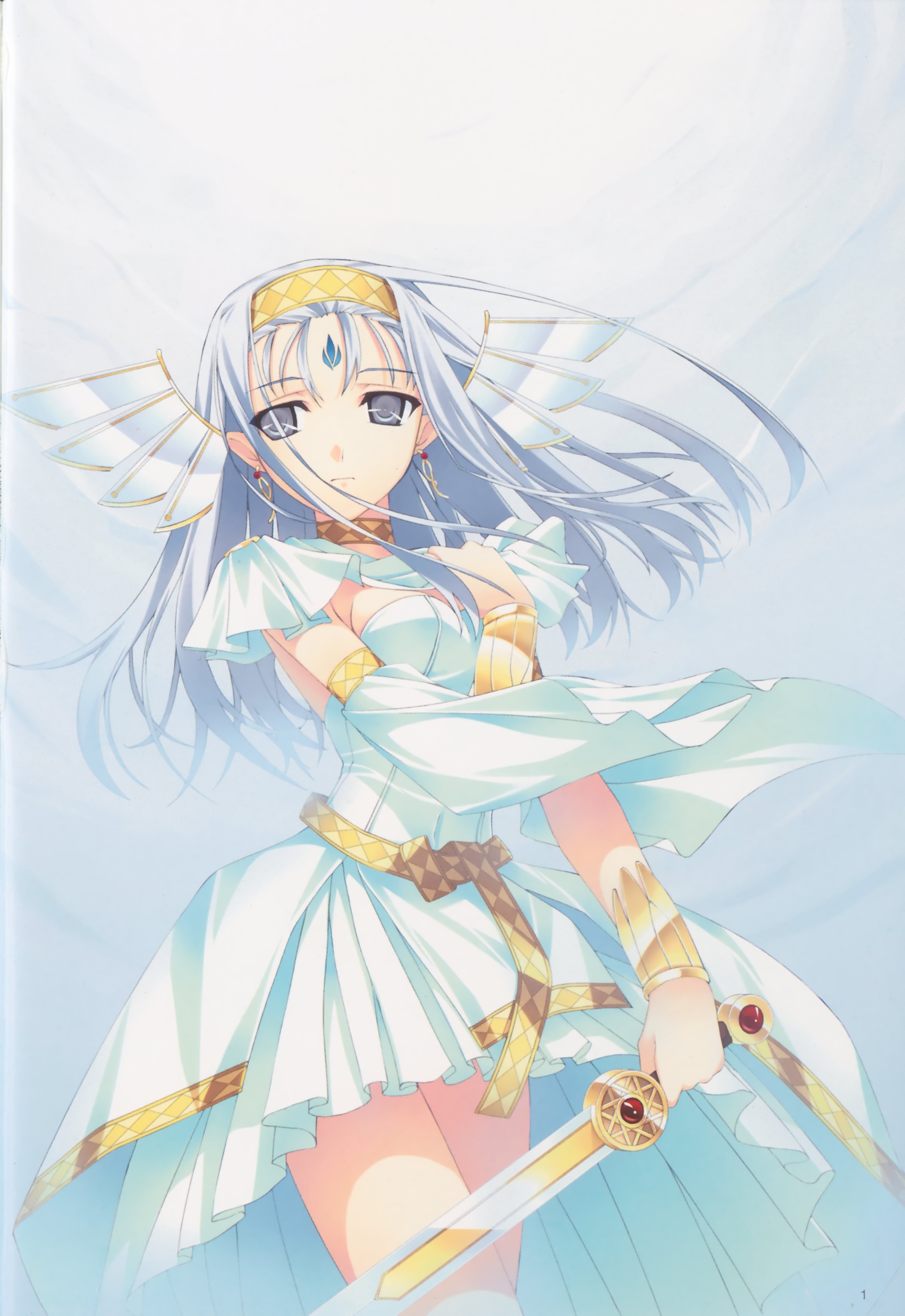 murakami suigun, elissa ishuchel, silvery white, silver hair, absurdres, highres, scan, dress, grey eyes, hairband, head wings, long hair, skirt, solo, standing, sword, weapon, wings