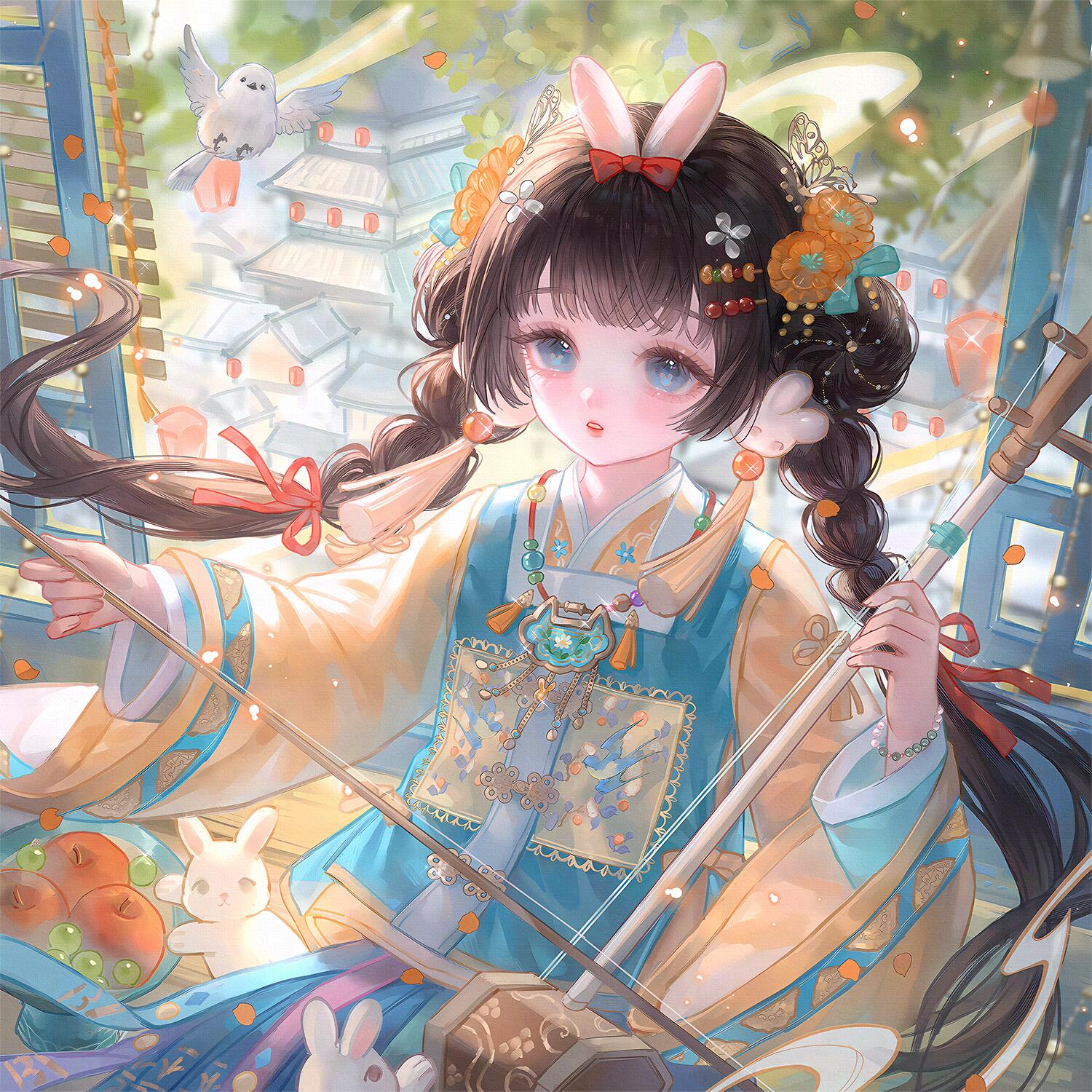 huposuan, original, highres, large variant set, variant set, 1girl, animal ears, architecture, beads, bird, black hair, blue eyes, bow, braid, chinese clothes, east asian architecture, flower, hair flower, hair ornament, holding, jewelry, lantern, long hair, long sleeves, parted lips, rabbit, rabbit ears, ribbon, solo, tassel, twin braids, wide sleeves