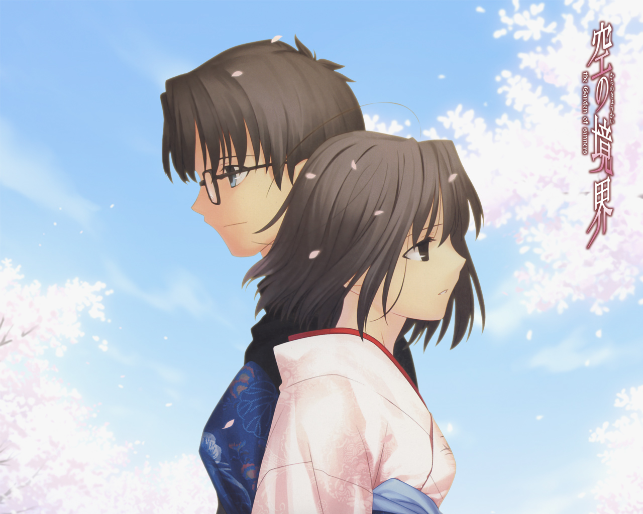 kokutou mikiya, ryougi shiki, kara no kyoukai, glasses, japanese clothes, kimono, petals