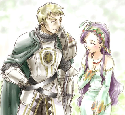 dario, riddel, chrono (series), chrono cross, lowres, 1boy, 1girl, :d, ^ ^, armor, blonde hair, breastplate, cape, closed eyes, cowboy shot, gauntlets, gem, hairband, long hair, open mouth, purple hair, smile, very long hair