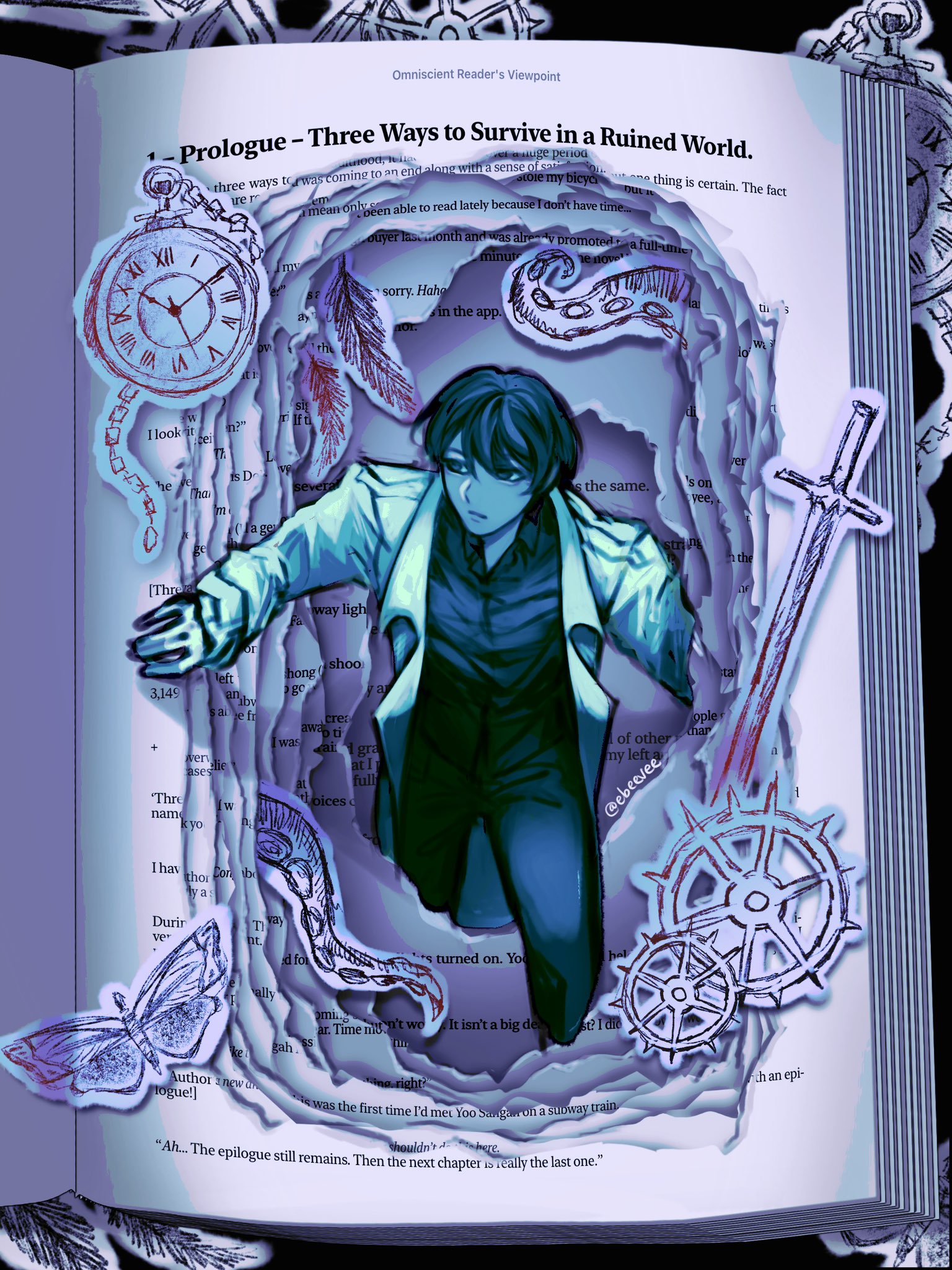 evie (baoxiao), kim dokja, omniscient reader's viewpoint, highres, 1boy, blue hair, blue shirt, book, bug, butterfly, coat, collared shirt, english text, feathers, feet out of frame, fleeing, gears, hand on wall, insect, male focus, open clothes, open coat, paper, planted, planted sword, planted weapon, pocket watch, popped collar, shirt, short hair, solo, sword, tentacles, torn paper, walking, watch, weapon, white coat
