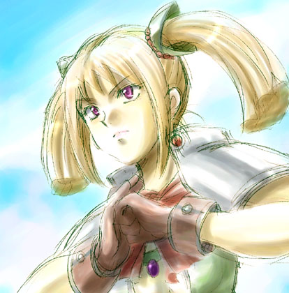 orlha, chrono (series), chrono cross, lowres, 1girl, blonde hair, brown gloves, clenched hands, earrings, expressionless, female focus, fighting stance, gloves, jewelry, looking afar, short sleeves, sidelocks, solo, twintails, upper body