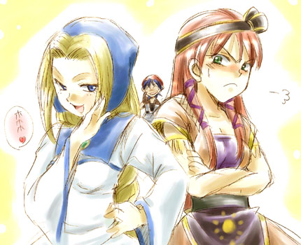 leena (chrono cross), lisa (chrono cross), serge (chrono cross), chrono (series), chrono cross, fume, lowres, 1boy, 2girls, angry, back-to-back, blonde hair, blue eyes, braid, brown hair, crossed arms, green eyes, hairband, long hair, multiple girls