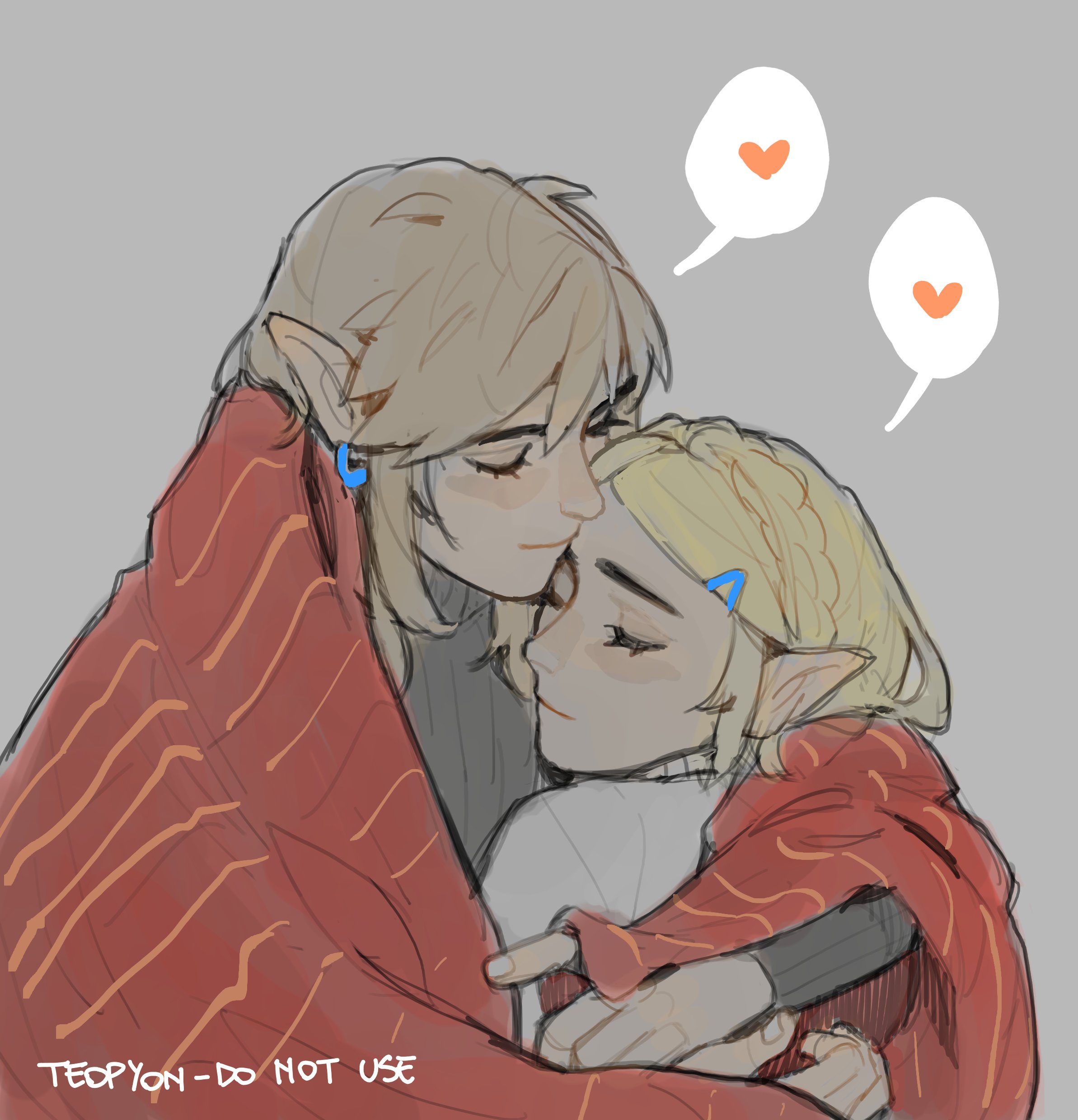 pyonteo, link, princess zelda, nintendo, the legend of zelda, the legend of zelda: tears of the kingdom, absurdres, commentary, english commentary, highres, 1boy, 1girl, artist name, black sweater, blanket, blonde hair, braid, closed eyes, couple, crown braid, earrings, english text, grey background, hair ornament, heart, hetero, hug, jewelry, long hair, pointy ears, shared blanket, short hair, speech bubble, sweater, thought bubble, turtleneck, turtleneck sweater, upper body, white sweater, wrapped in blanket