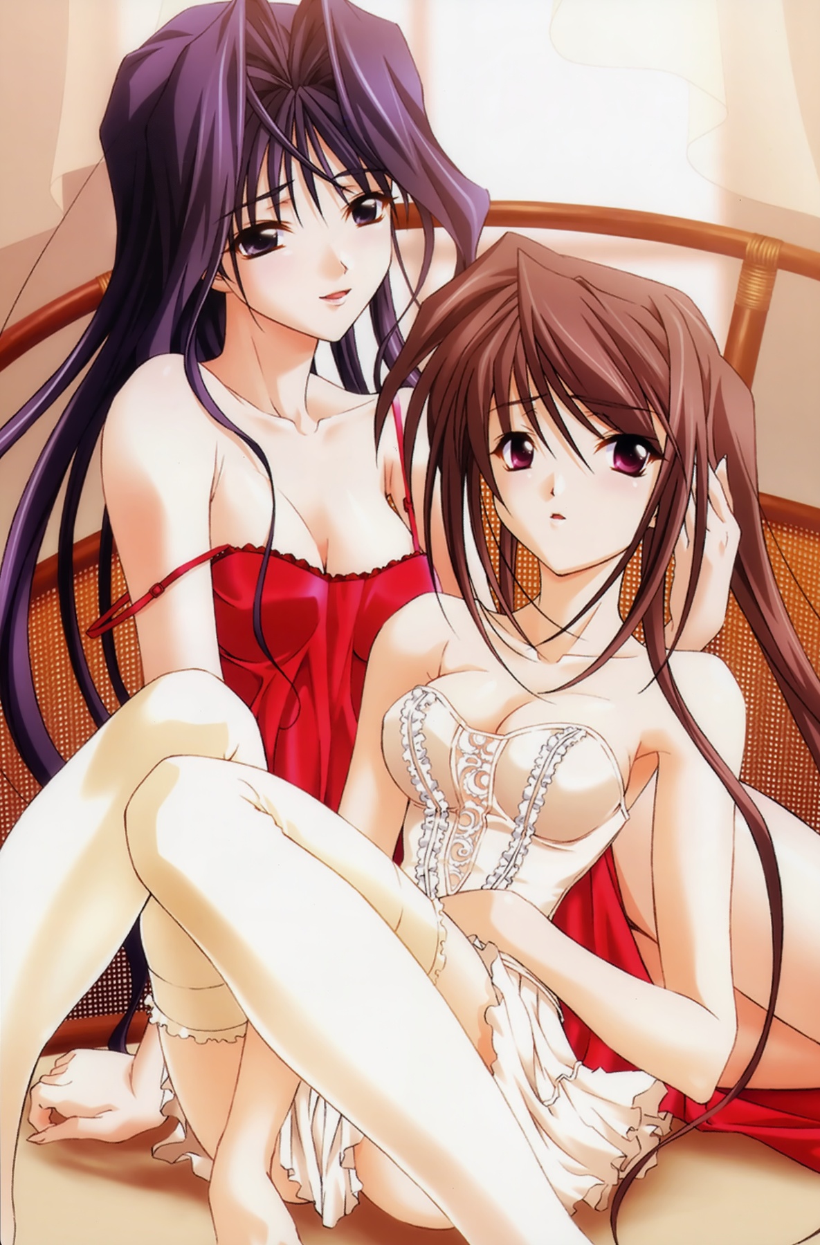 koshimizu takayuki, amamiya mizuho, hina asuka, memories off, memories off#5, highres, 2girls, bare shoulders, breasts, brown hair, cleavage, lingerie, long hair, multiple girls, nightgown, open mouth, purple eyes, purple hair, red eyes, sitting, thighhighs, underwear, yuri