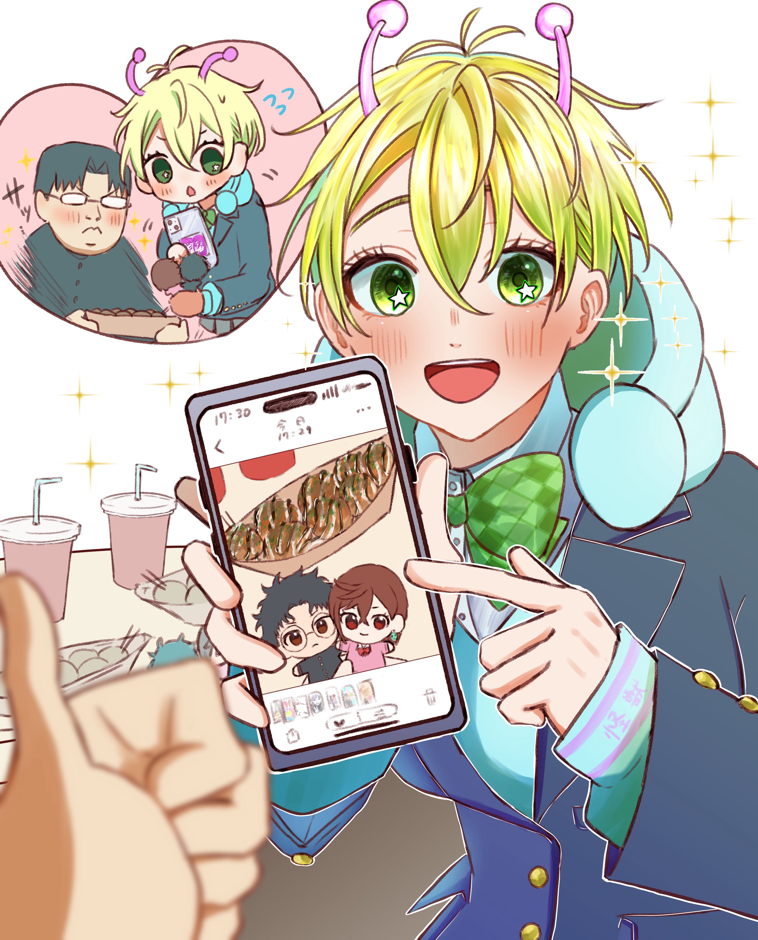ayase momo, sakata kinta, takakura ken (dandadan), vamola (dandadan), dandadan, absurdres, commentary request, highres, 1boy, 1girl, alien, antennae, black hair, black jacket, blonde hair, blue hoodie, blue jacket, blurry, blurry foreground, blush, bow, bowtie, cellphone, cellphone photo, character doll, cup, doll, drinking straw, flying sweatdrops, food, gakuran, glasses, gradient background, green bow, green bowtie, green eyes, green hair, hair between eyes, heart, holding, holding doll, holding phone, hood, hood down, hoodie, jacket, kakko xxx, kami high school uniform, long sleeves, looking at viewer, open mouth, phone, pointing, pov, pov hands, school uniform, short hair, sparkle, star (symbol), star in eye, symbol in eye, takoyaki, thumbs up, upper body