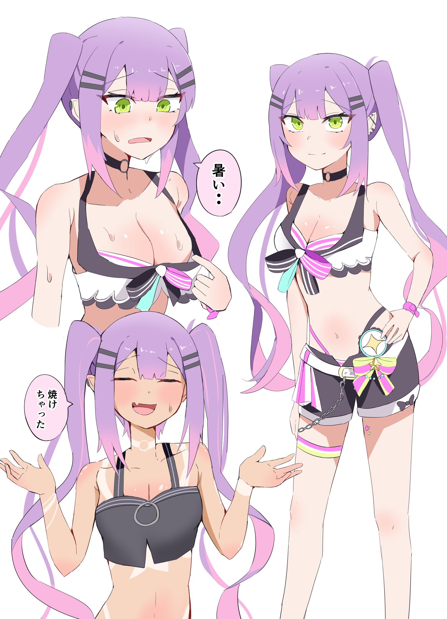 thoris39, tokoyami towa, hololive, commentary request, highres, translation request, 1girl, breasts, choker, cleavage, closed eyes, ear piercing, fang, green eyes, hair ornament, hand on own hip, hot, idol clothes, long hair, looking at viewer, looking down, medium breasts, multiple views, navel, o-ring, o-ring choker, official alternate costume, open mouth, piercing, purple hair, shrugging, simple background, skin fang, solo, speech bubble, stomach, sweat, tan, tanline, twintails, upper body, virtual youtuber, white background