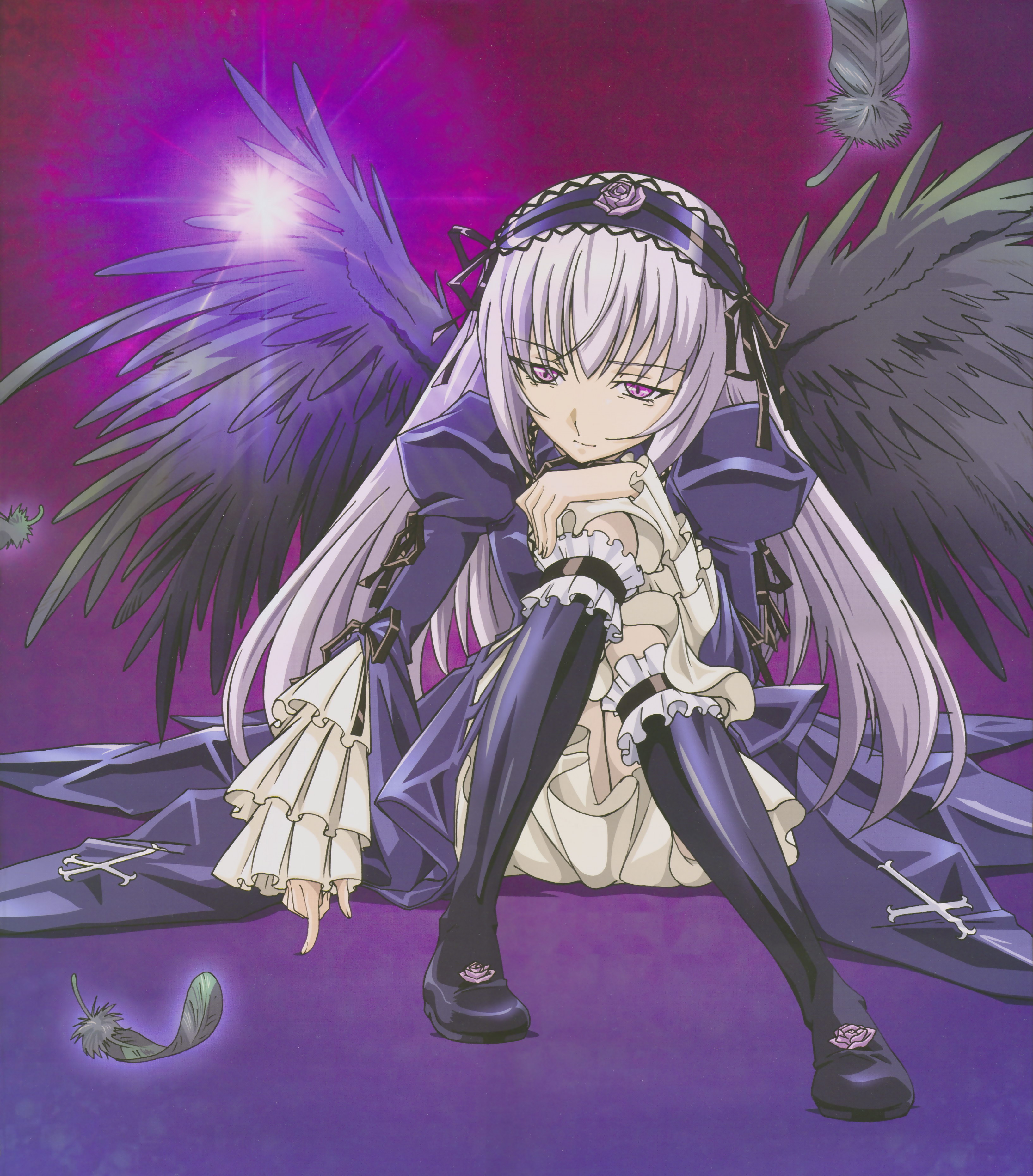 suigintou, rozen maiden, silver hair, absurdres, highres, 00s, black wings, dress, feathers, hairband, long hair, pink eyes, ribbon, sitting, solo, wings
