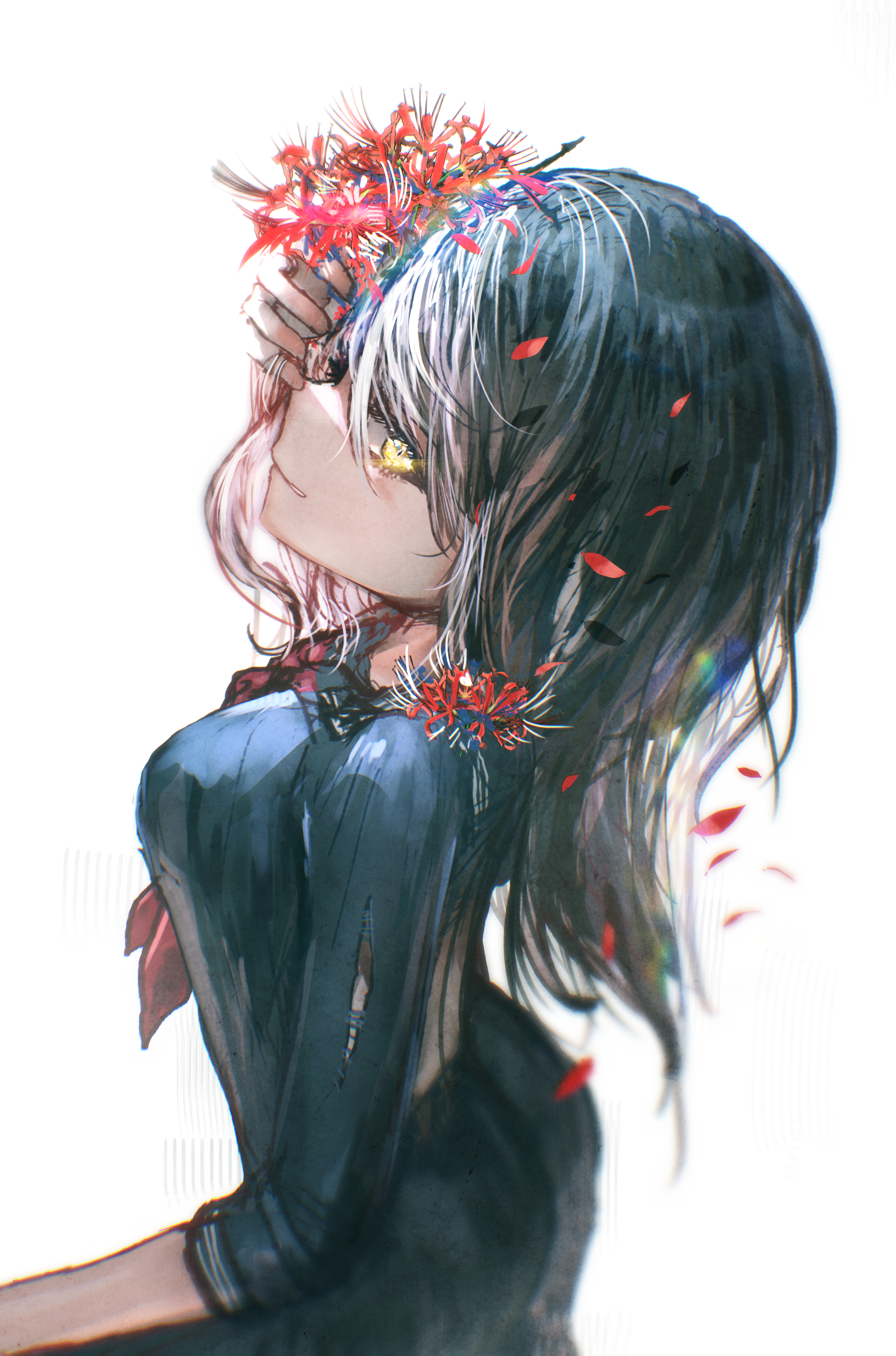 advarcher, shimizu hinako, shiori novella, hololive, hololive english, silent hill (series), silent hill f, absurdres, highres, 1girl, black hair, black serafuku, cosplay, flower, grey hair, hand up, long hair, looking at viewer, multicolored hair, neckerchief, red neckerchief, school uniform, serafuku, shimizu hinako (cosplay), shirt, simple background, solo, spider lily, torn clothes, torn shirt, two-tone hair, virtual youtuber, white background, yellow eyes