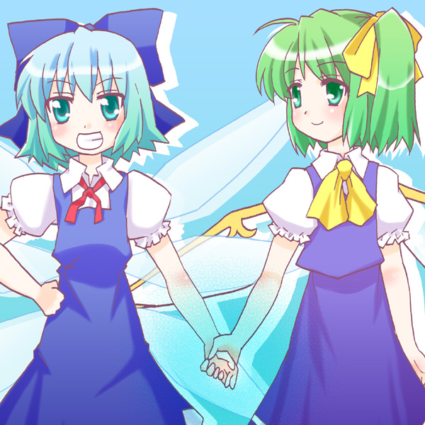 kairakuen umenoka, cirno, daiyousei, embodiment of scarlet devil, touhou, 2girls, female focus, holding hands, multiple girls