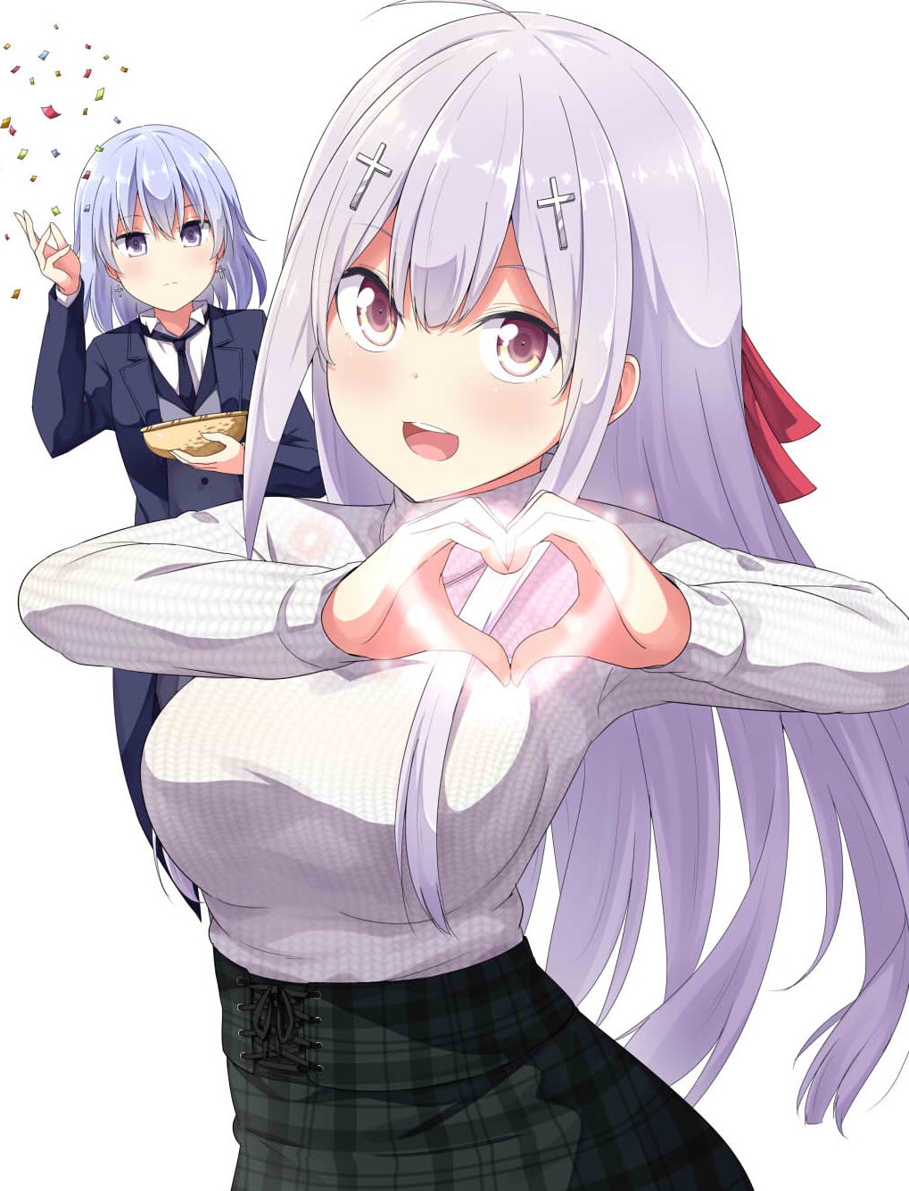 ukami, martiel (gabriel dropout), raphiel shiraha ainsworth, gabriel dropout, highres, 2girls, black jacket, black necktie, black pants, blush, breasts, butler, crossdressing, crossdressing (ftm), female butler, hair ornament, heart, heart hands, jacket, large breasts, long hair, looking at viewer, multiple girls, necktie, open mouth, pants, shirt, short hair, simple background, skirt, standing, striped clothes, striped shirt, sweater, white background, white hair, white shirt, yellow eyes