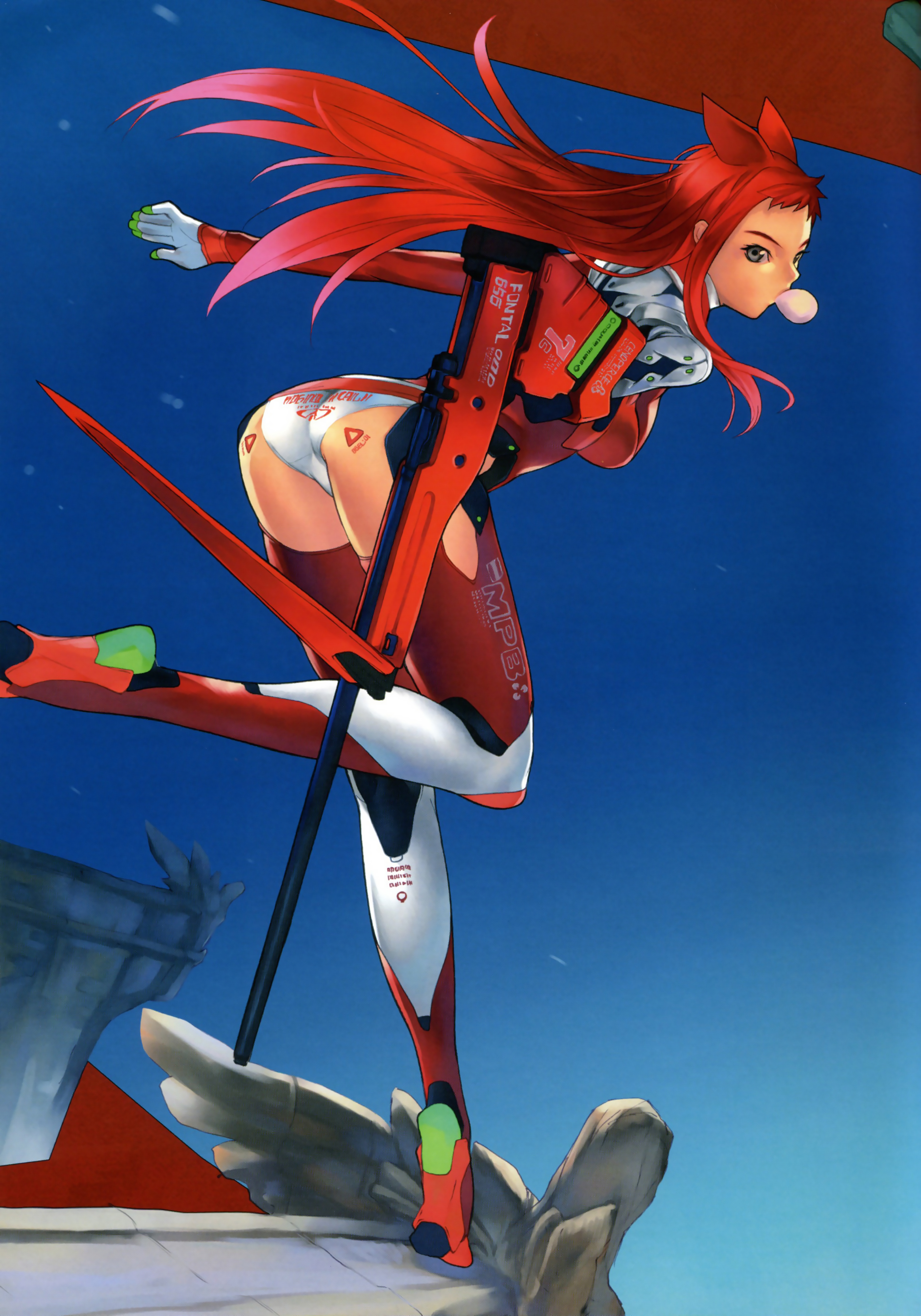 hakua ugetsu, kagerou sabine kurzringer, eulen spiegel, eulenspiegel, absurdres, highres, official art, scan, 1girl, animal ears, ass, bent over, blowing bubble gum, blowing bubbles, blue sky, bodysuit, chewing gum, clothes writing, day, female focus, gradient hair, grey eyes, gun, leg lift, legs, long hair, long legs, looking at viewer, looking back, multicolored hair, outdoors, outstretched arm, profile, red hair, rifle, rooftop, sidelocks, sky, solo, standing, standing on one leg, turtleneck, weapon, wind