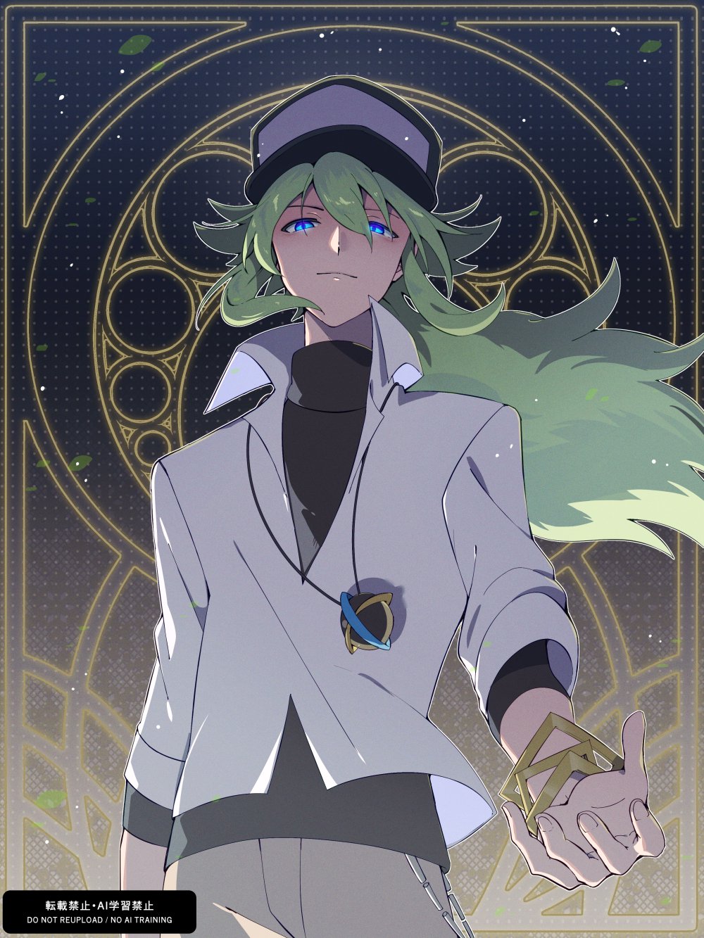 riki (inushima ), n (pokemon), nintendo, pokemon, pokemon bw, highres, 1boy, bangle, bracelet, green hair, hat, holding, holding poke ball, jewelry, long hair, male focus, poke ball, solo, undershirt, void cube, watermark, wristband