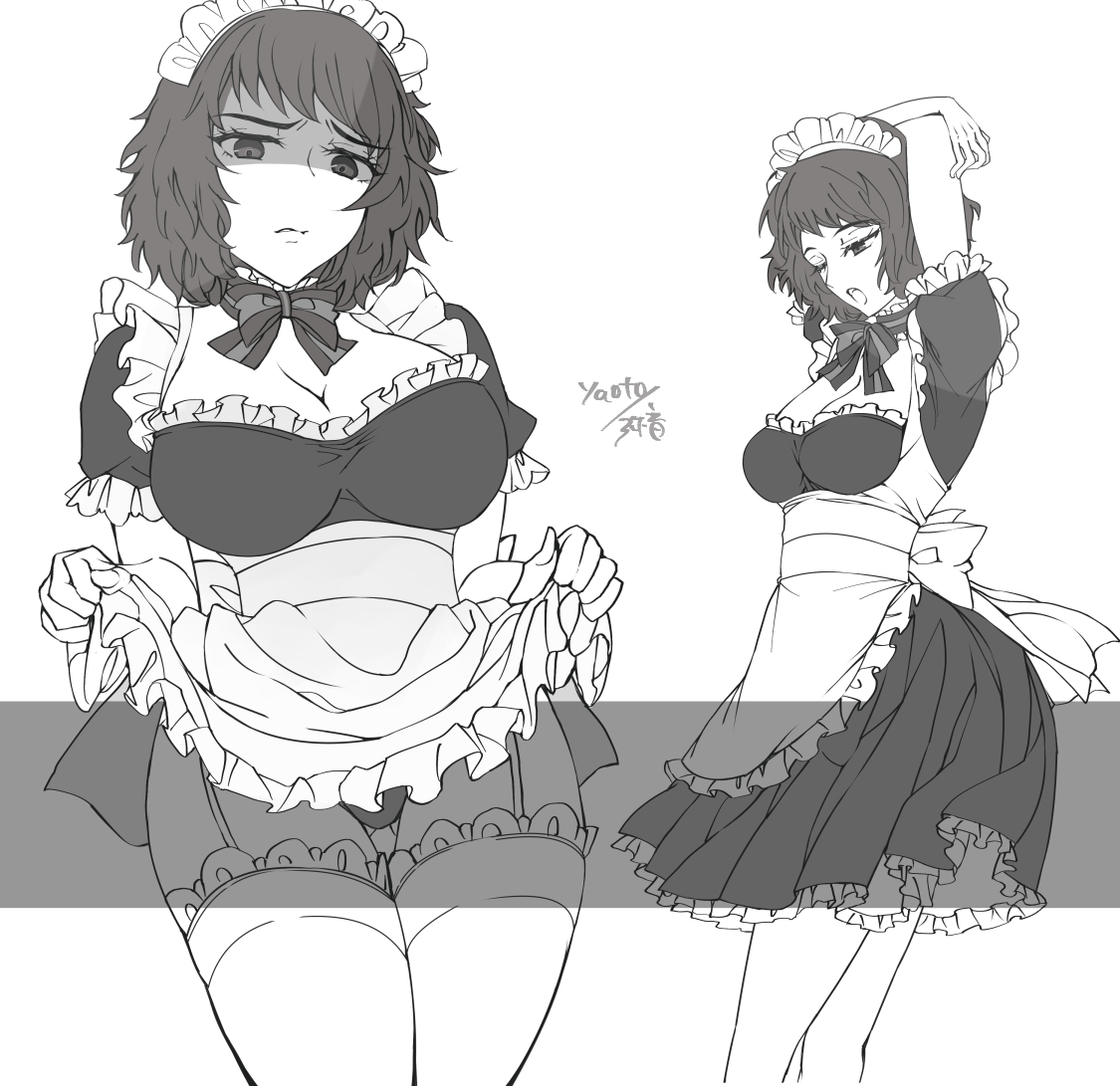 yaoto, kawakami sadayo, persona, persona 5, commentary, english commentary, 1girl, apron, apron lift, arms up, black dress, black hair, bow, bowtie, breasts, cleavage, closed mouth, clothes lift, detached collar, dress, feet out of frame, frilled apron, frilled sleeves, frills, garter straps, gluteal fold, greyscale, large breasts, looking at viewer, maid, maid apron, maid headdress, medium hair, monochrome, multiple views, official alternate costume, open mouth, panties, pantyshot, shaded face, short sleeves, thigh gap, thighhighs, underwear, white apron, white background